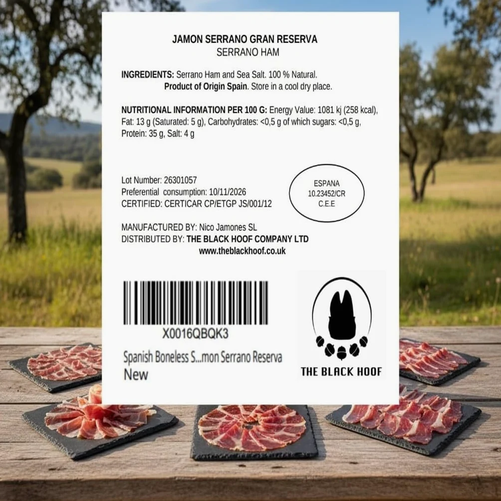 Prosciutto Serrano Gran Reserva Disossato ca. 1 kg | Jamon Serrano stagionato 15+ mesi | Senza additivi | Certificato UE (ETG) | Prodotto in Spagna da The Black Hoof
