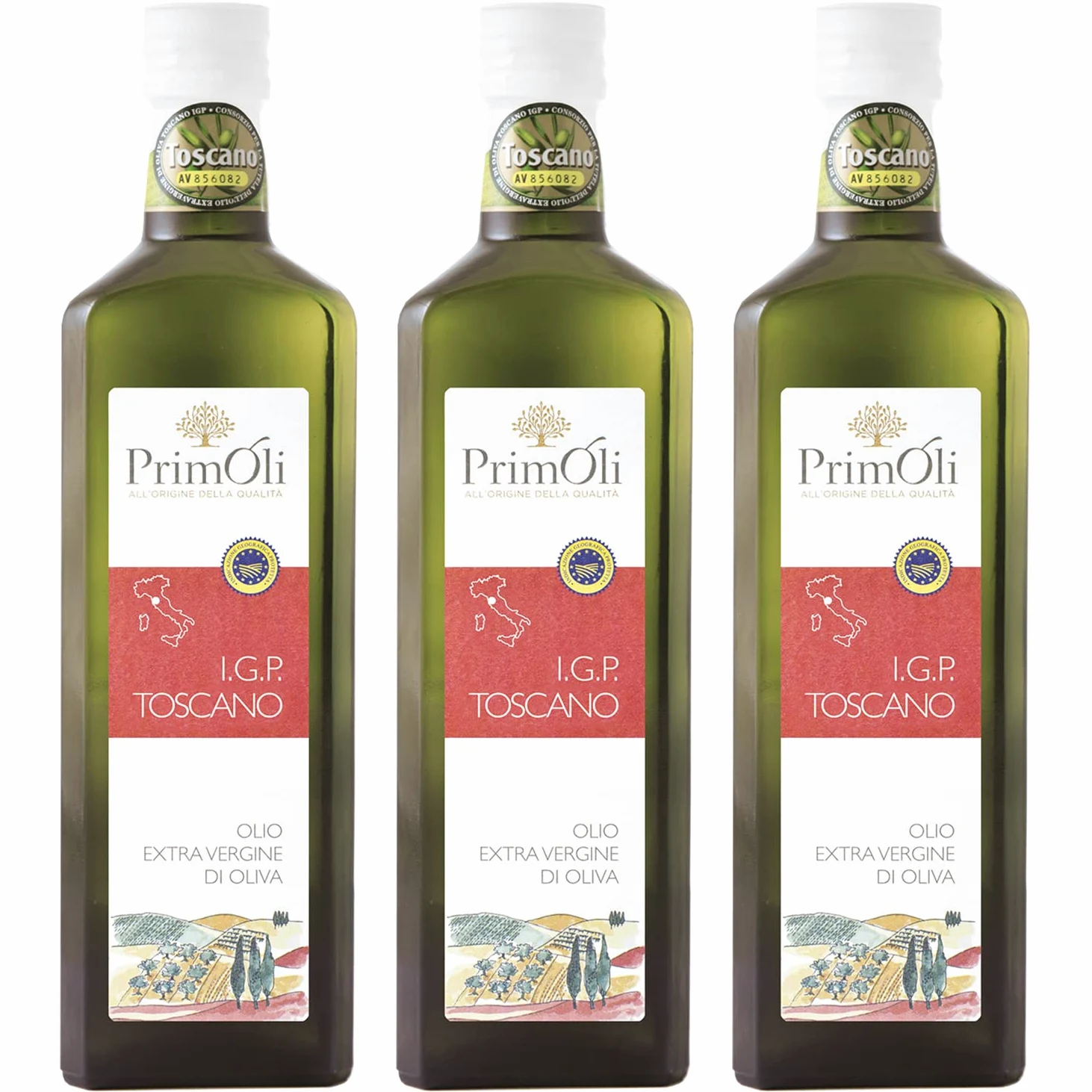 Olio extra vergine d'oliva IGP Toscano PrimOli prodotto e imbottigliato in Toscana, fruttato pieno e persistente, ideale usato a crudo su zuppe rustiche, selvaggina e bruschette, 3x500 ml