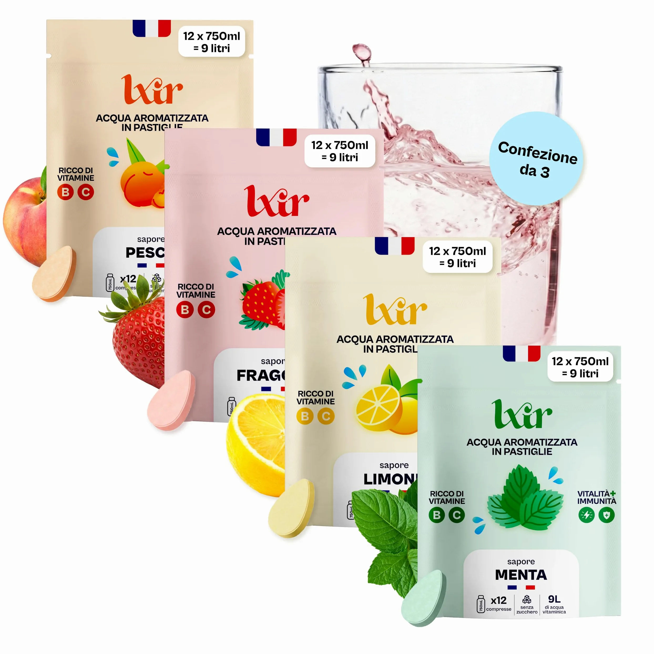 LXIR DRINK – Compresse per acqua aromatizzata senza zucchero – Bevanda multivitaminica – Vitamine C e B – Idratazione quotidiana – Bellezza della pelle – 48 compresse (Limone/Pesca/Menta/Fragola)