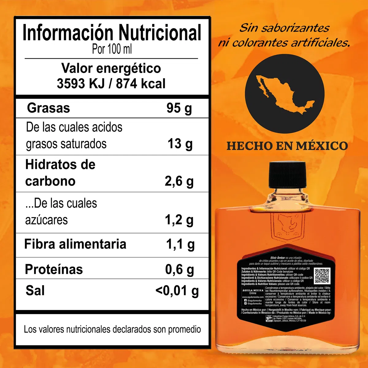 ÁGUILA MEXIKA | Elíxir Ámbar - Infusione naturale di Olio Piccante di 3 varietà di peperoncino messicano: Chipotle, Morita & 'Rojo de Árbol', e Aglio, in Olio Vergine d'Oliva.