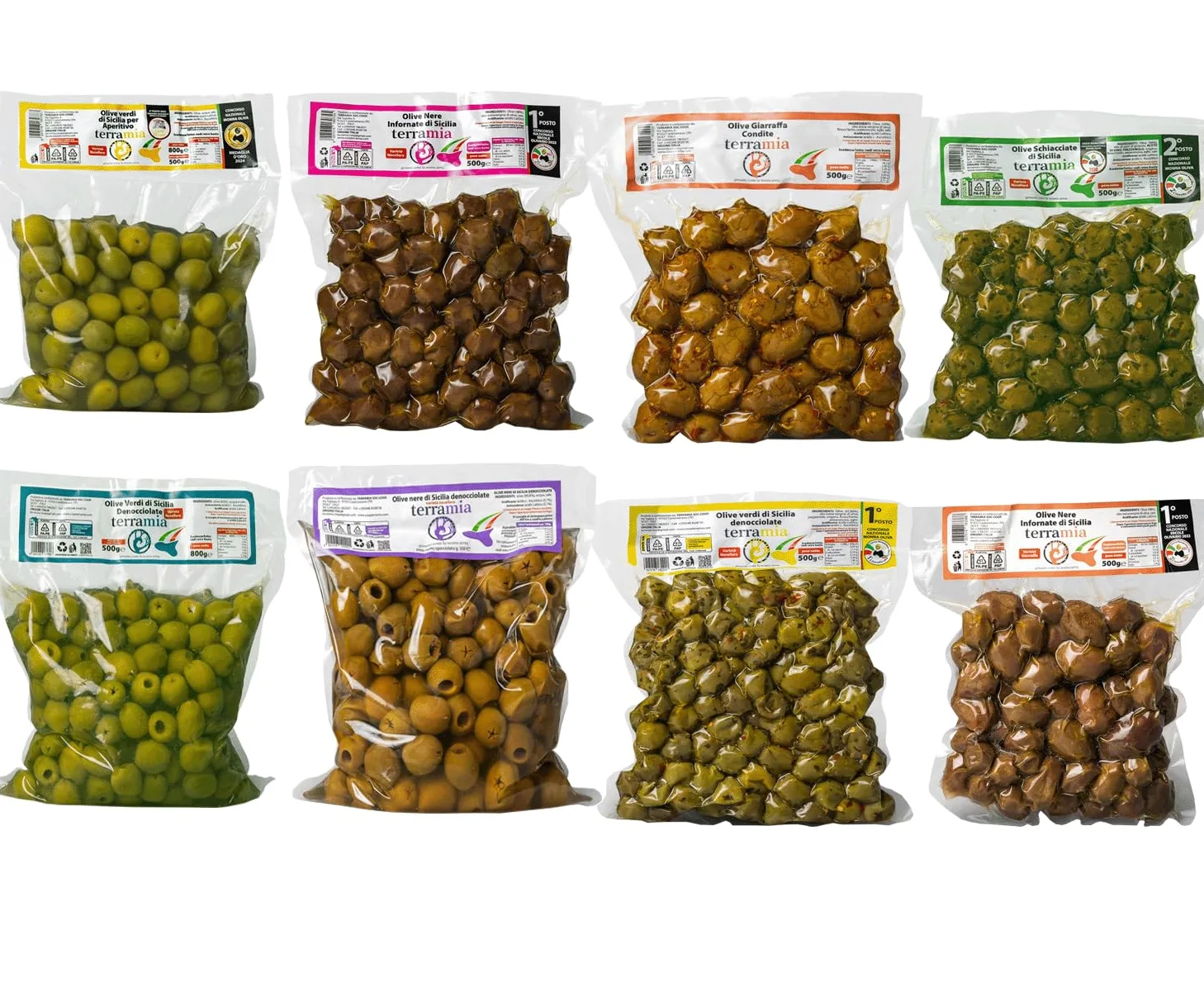 Olive italiane di castelvetrano Sicily della valle del belìce 8 buste da 500 g. Azienda vincitrice di premi nazionali come Ercole Olivario, Monna Oliva
