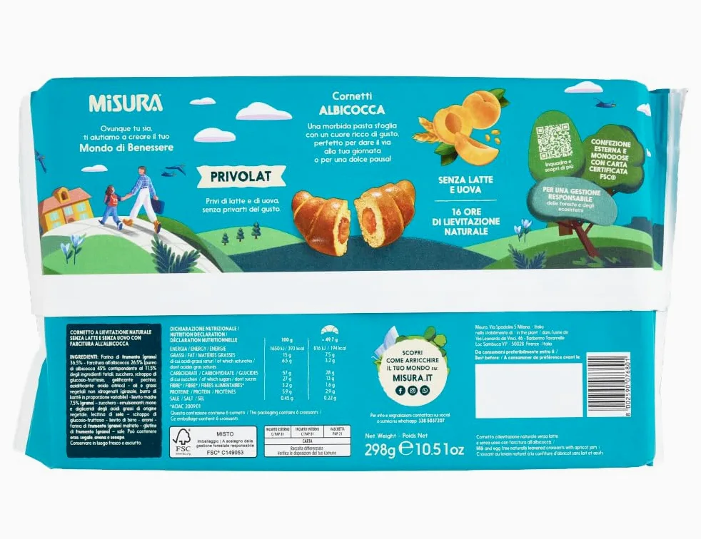 3X Misura Privolat Cornetti Albicocca Senza Latte e Uova (Lactose Free), Croissant Soffici e Farciti, 298g