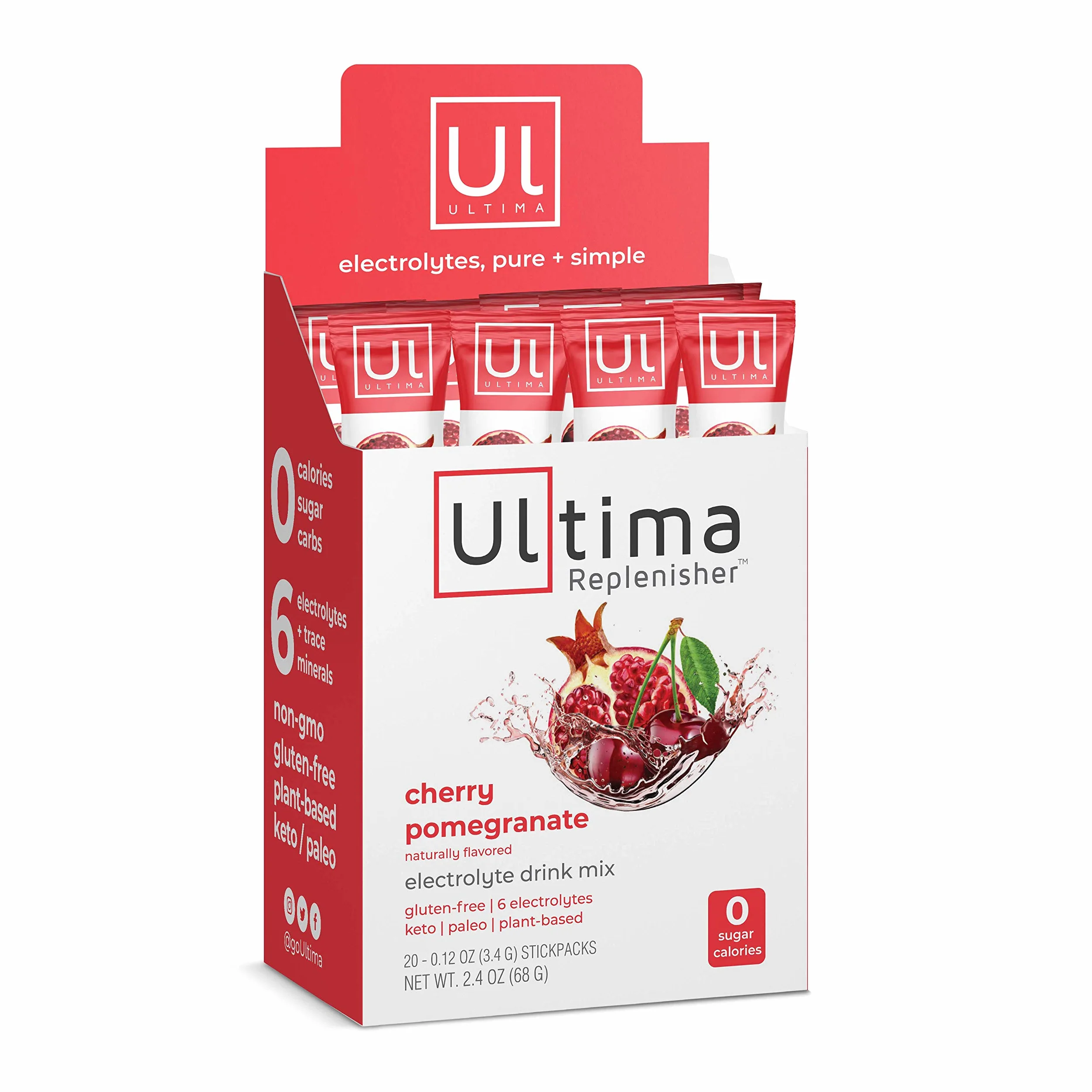 Ultima Replenisher Polvere Elettroliti, integratore per idratazione quotidiana senza zucchero con supporto energetico naturale, adatto a dieta vegana e chetogenica – Cherry Pomegranate – 20 confezioni