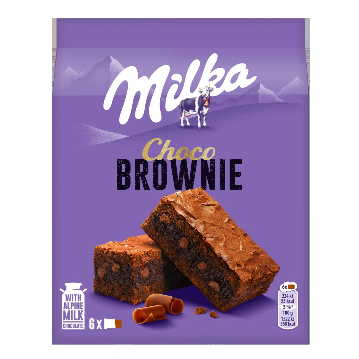Milka, Choco Brownie, Tortina Soffice e Golosa con Golose Pepite di Cioccolato al Latte e un Cuore di Cioccolato Milka, con Latte Alpino, Cacao Sostenibile, 150g (6 merende da 25g) (Confezione da 6)