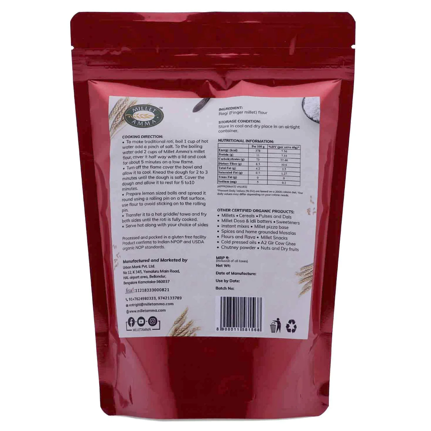 MILLET AMMA Farina Biologica Ragi (Finger Millet)- 2 Kg, Fatta Con Miglio Non Lucidato, Ricca Di Calcio, Fibre, Minerali E Aminoacidi, A Basso IG E Ottima Per Regolare I Livelli Di Zucchero,A Basso IG