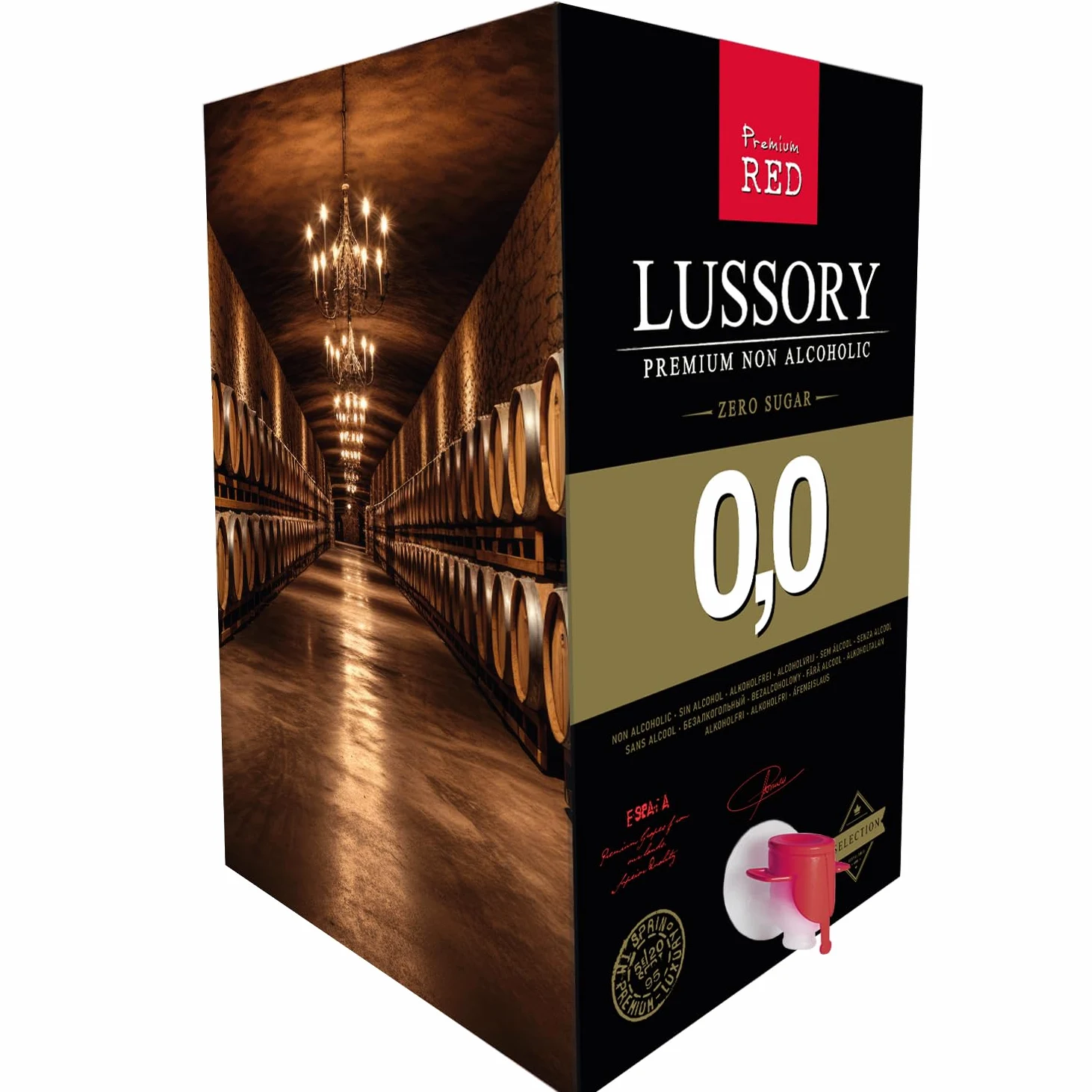 Vino Rosso SENZA ALCOL 0,0 - LUSSORY PREMIUM | Bag in Box 10 L | Equivalente a più di 13 bottiglie da 750 ml | Formato risparmio con rubinetto | SENZA zucchero, SENZA alcol, BASSO contenuto calorico