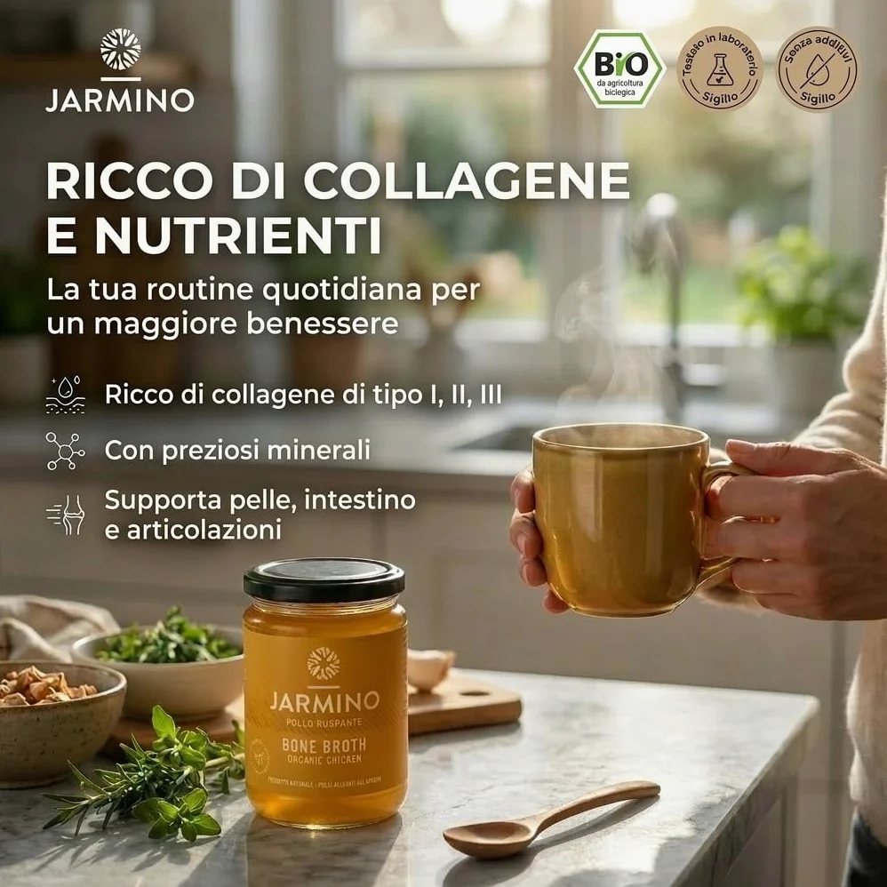JARMINO brodo biologico di ossa di pollo (6 x 350 ml) | acido ialuronico, collagene e proteina naturale | bone broth | bevanda salutare o come base per zuppe e salse