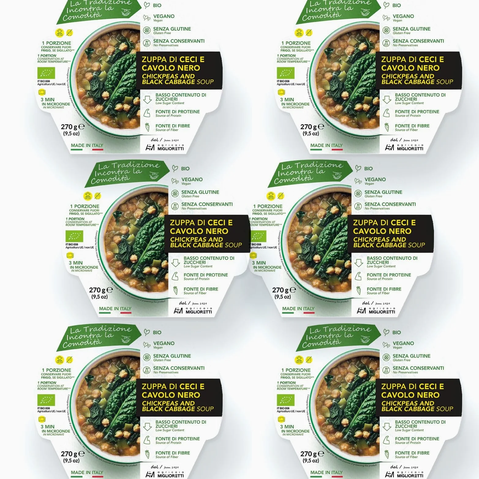 Agricola Miglioretti Zuppa Biologica di Ceci e Cavolo Nero Pronta in 3 Minuti - Vegana, Senza Glutine e Senza Conservanti per un Pasto Sano e Delizioso - 6 porzioni