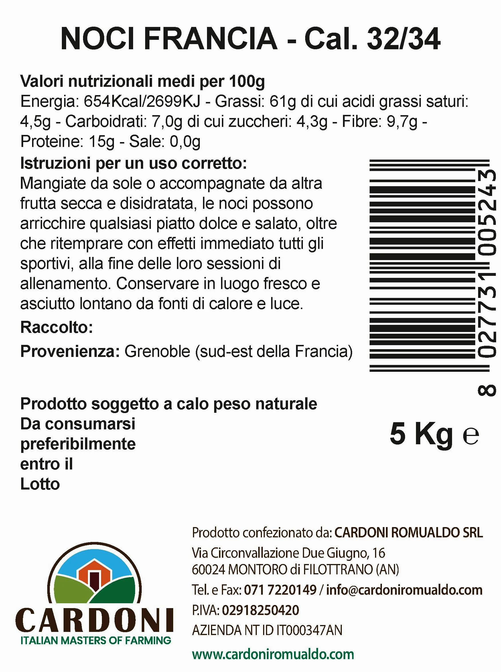 Il Contadino - Antichi Sapori | NOCI | Frutta Secca di Qualità Premium, Al Naturale, No Conservanti (5 Kg, Calibro 32/34)