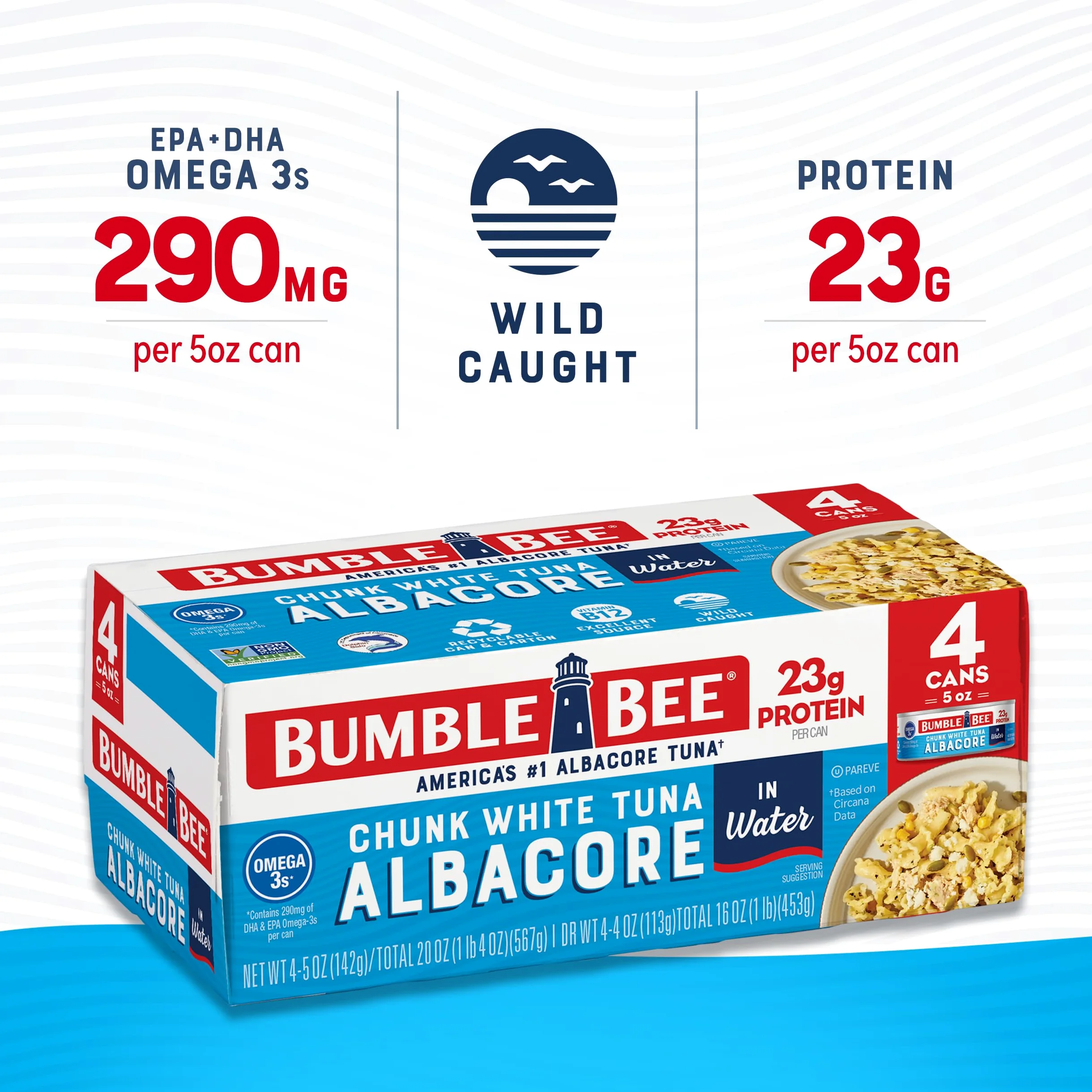 Bumble Bee Tonno bianco albacore in acqua, lattina da 5 once (confezione da 4) – Tonno selvatico catturato – 23 g di proteine per porzione, ricco di omega-3 – Progetto non OGM verificato, senza