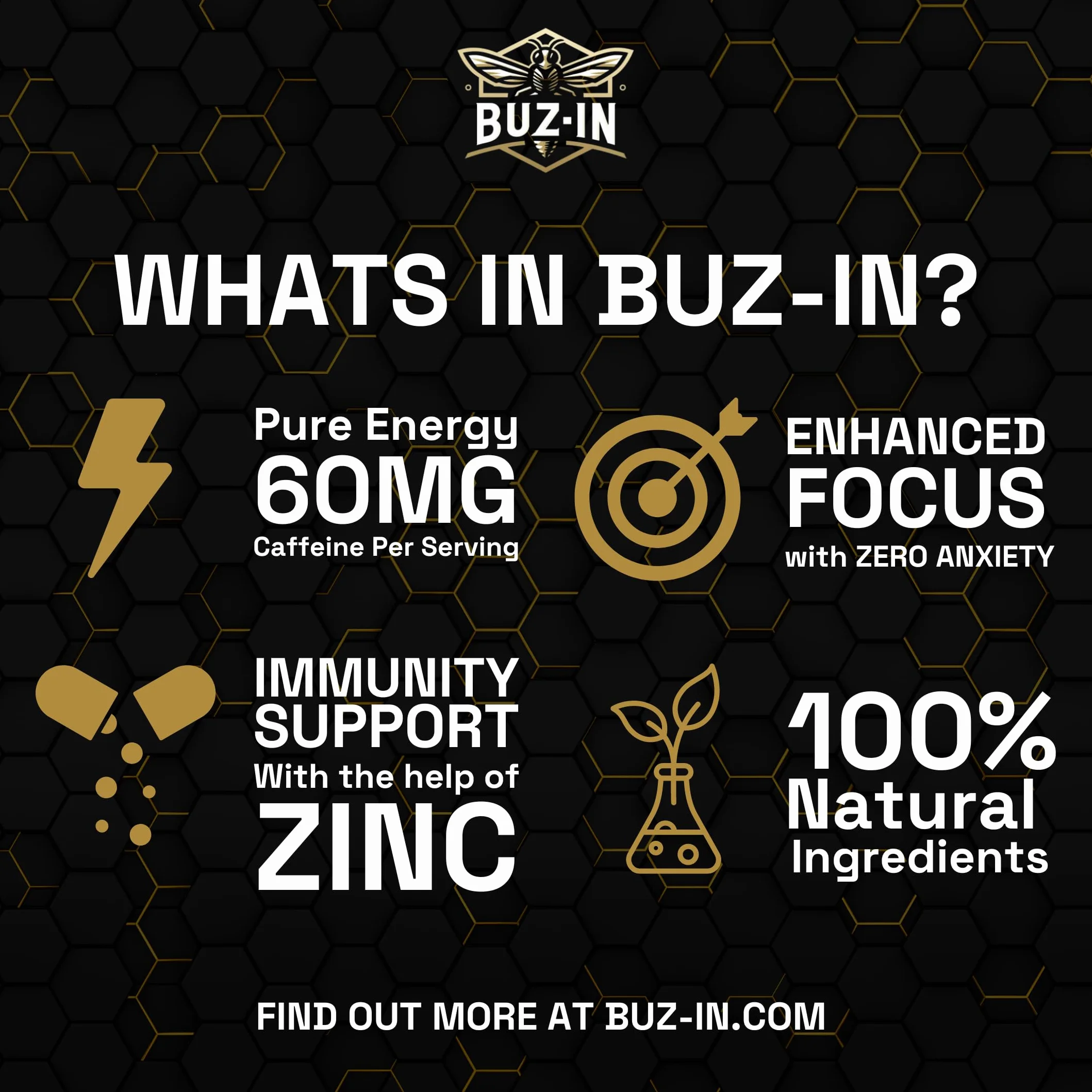 BUZ-IN | 60MG Caffeine Energy | 20 buste | 100% energia naturale l Ideale per atleti, appassionati di fitness, giocatori, amanti dei festival, viaggiatori - Il sostituto perfetto del caffè (mirtillo)