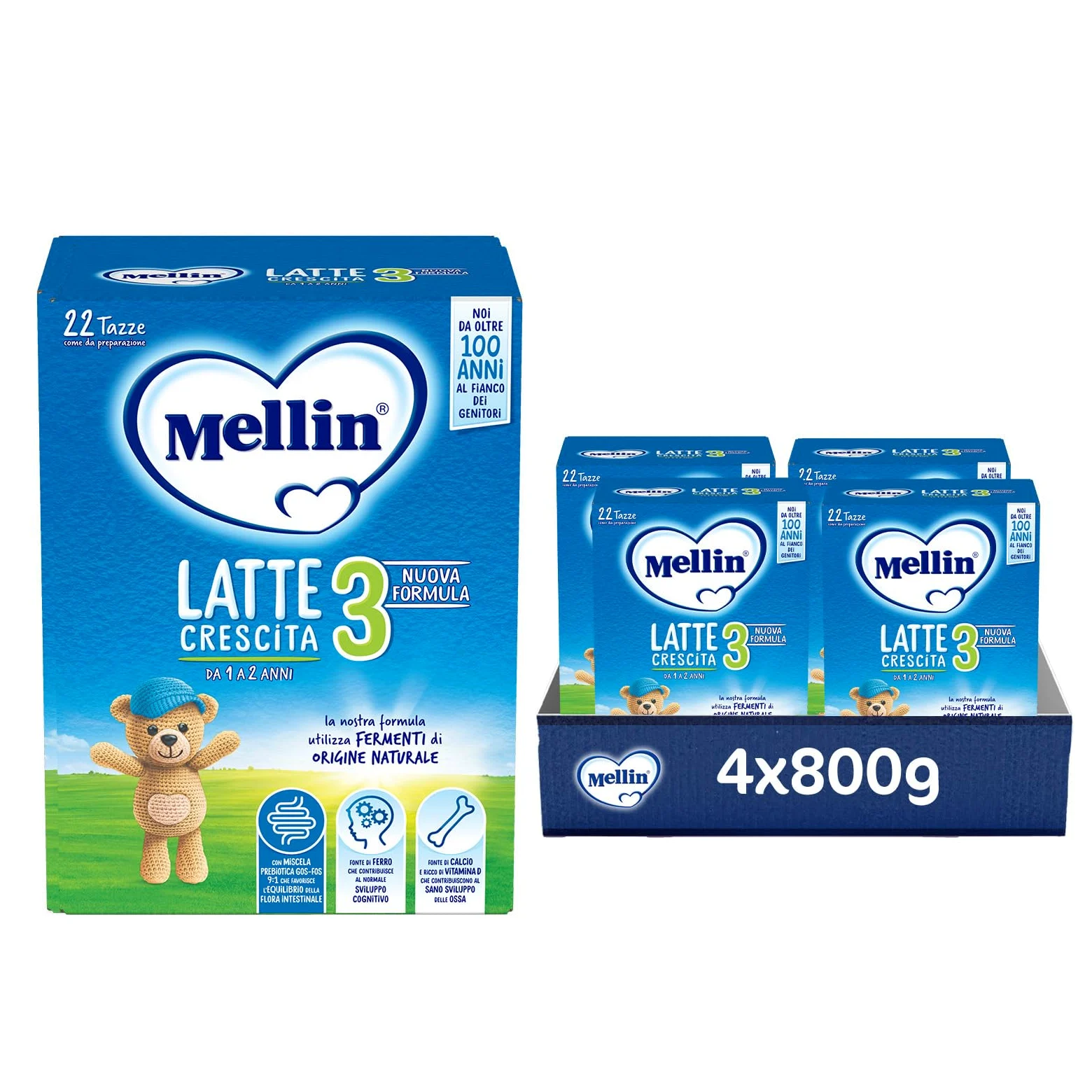 MELLIN 3 - Latte di Crescita in Polvere per Bambini - dal 1° al 2° anno - Confezione da 3200 grammi (4 pezzi da 800g)