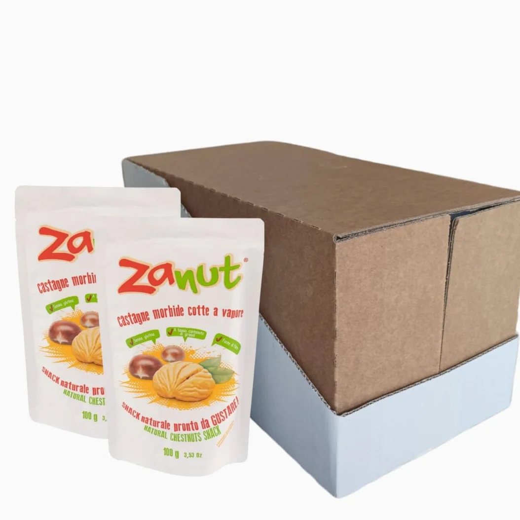 Maxi Box Zanut Contenente 20 Pezzi Da 100 g Castagne Morbide Cotte A Vapore Snack Naturali Pronti Da Gustare Senza Glutine E Senza Conservanti Basso Contenuto di Grassi e fonte Di Fibre