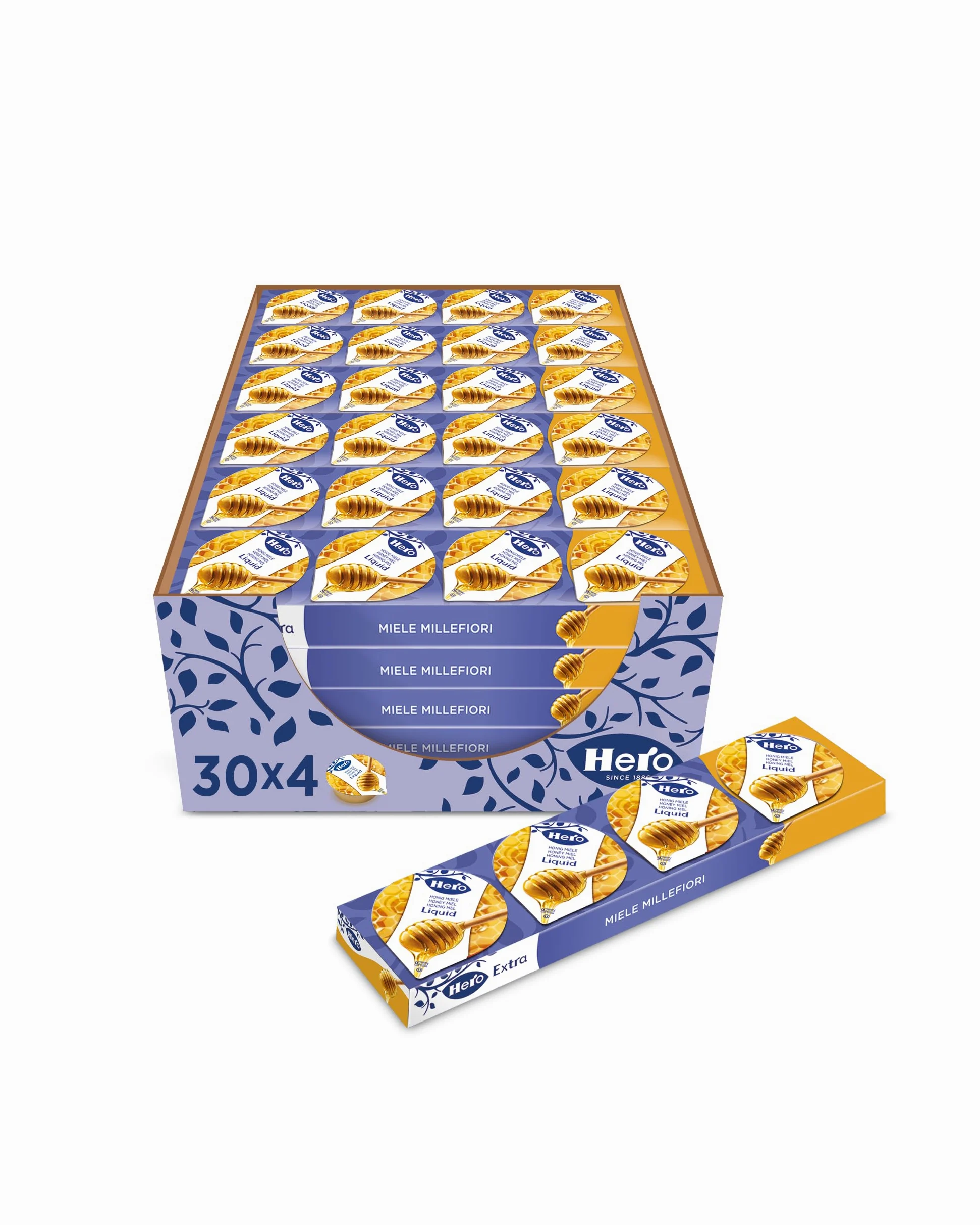Hero Poker Miele Monoporzione, 30 confezioni da 100g (4 monodosi x 25 gr), Miele Millefiori, Prodotto di Alta Qualità, Senza Conservanti e Senza Coloranti