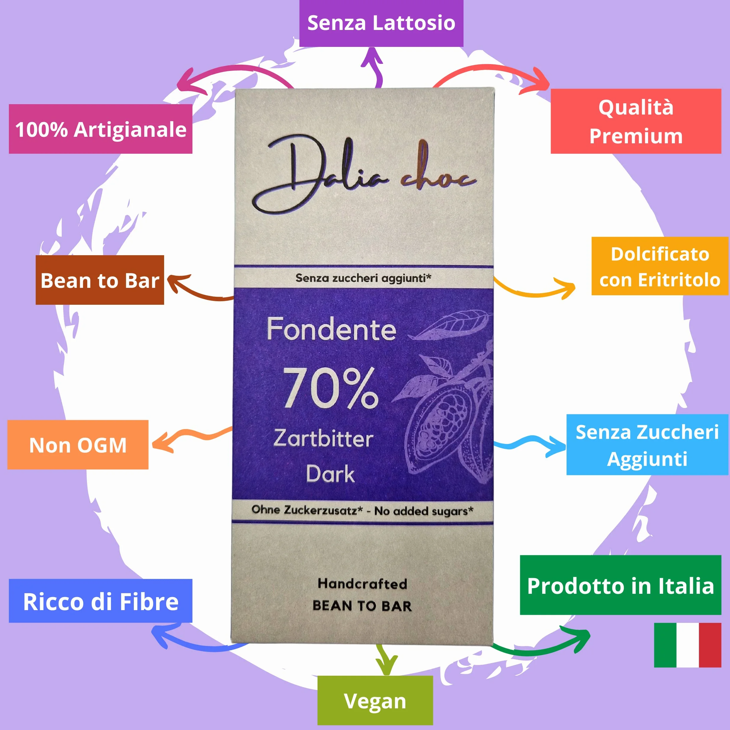 Dalia Choc - Tavolette di cioccolato PREMIUM - 10 Pezzi | Senza Aggiunta di Zuccheri | Prodotto in ITALIA | BEAN TO BAR - FONDENTE