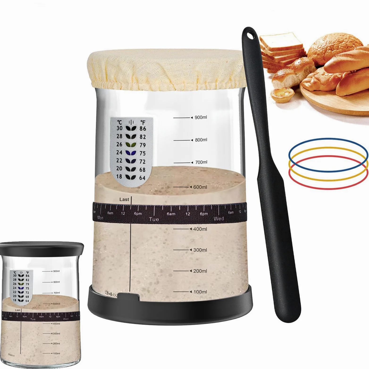 Barattolo per Lievito Madre, 1000ml Starter kit di lievito naturale Riutilizzabili, Contenitore per lievito madre, Kit Completo con Contenitore e Termometro per Panificazione Casa