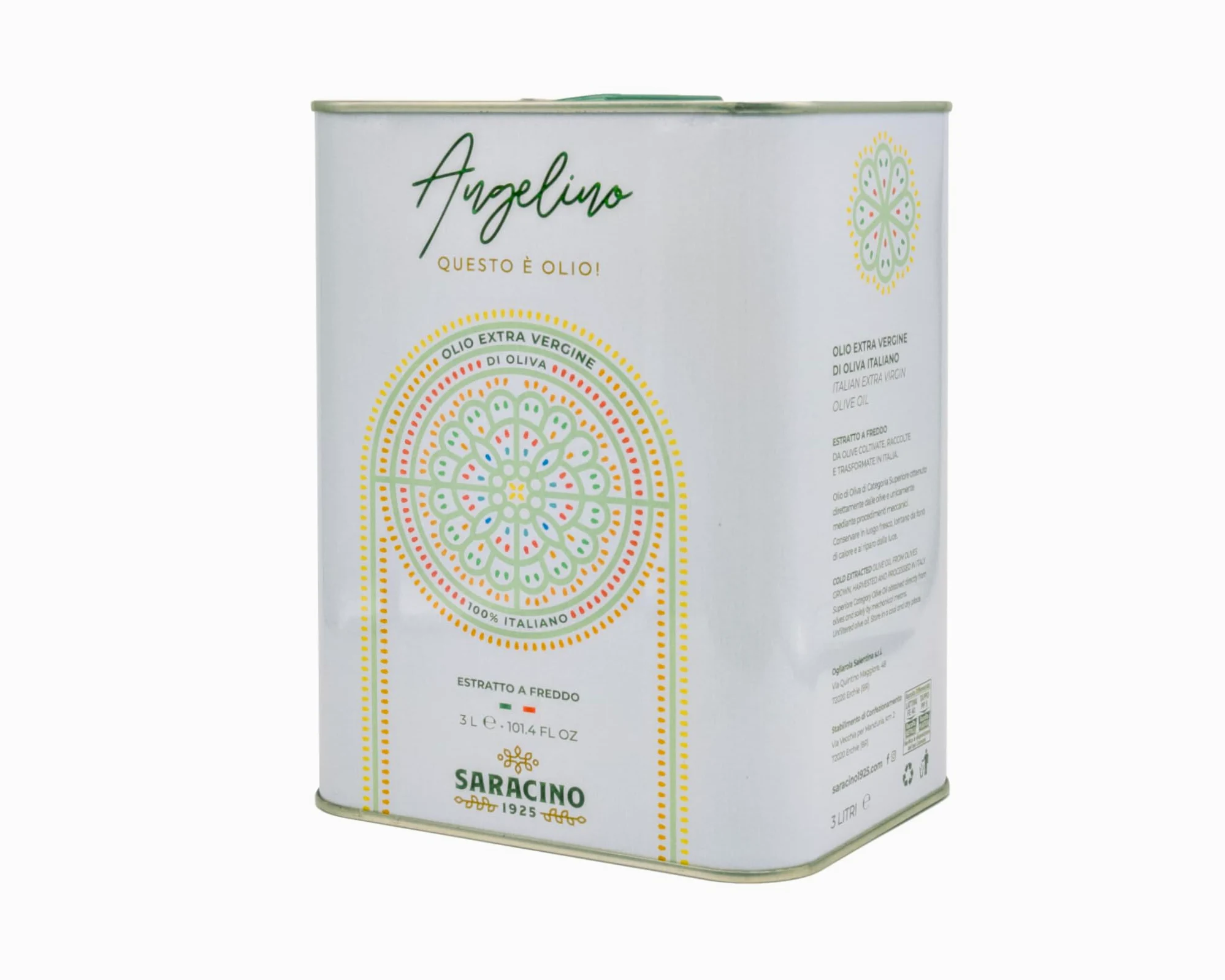 SARACINO 1925 Olio Extravergine di Oliva Italiano 100% – Lattina 3L – Estratto a Freddo – Bassa Acidità <0,4% – Blend Cellina di Nardò, Ogliarola Salentina e Leccino – Olio EVO di Qualità Superiore