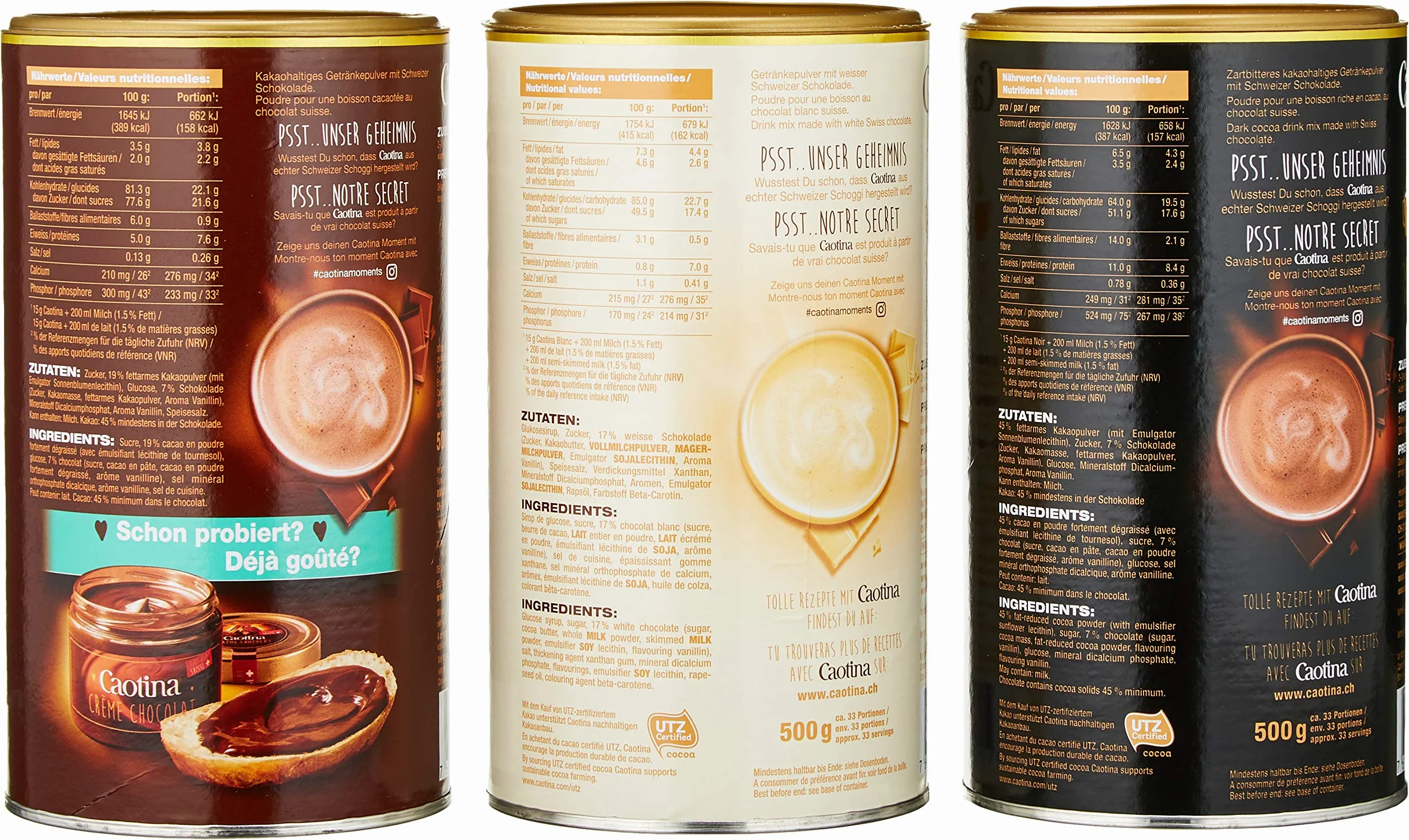 Caotina Original, Noir, Blanc, Cacao in Polvere con Cioccolata Svizzera, Bevande Calde, 3 x 500g