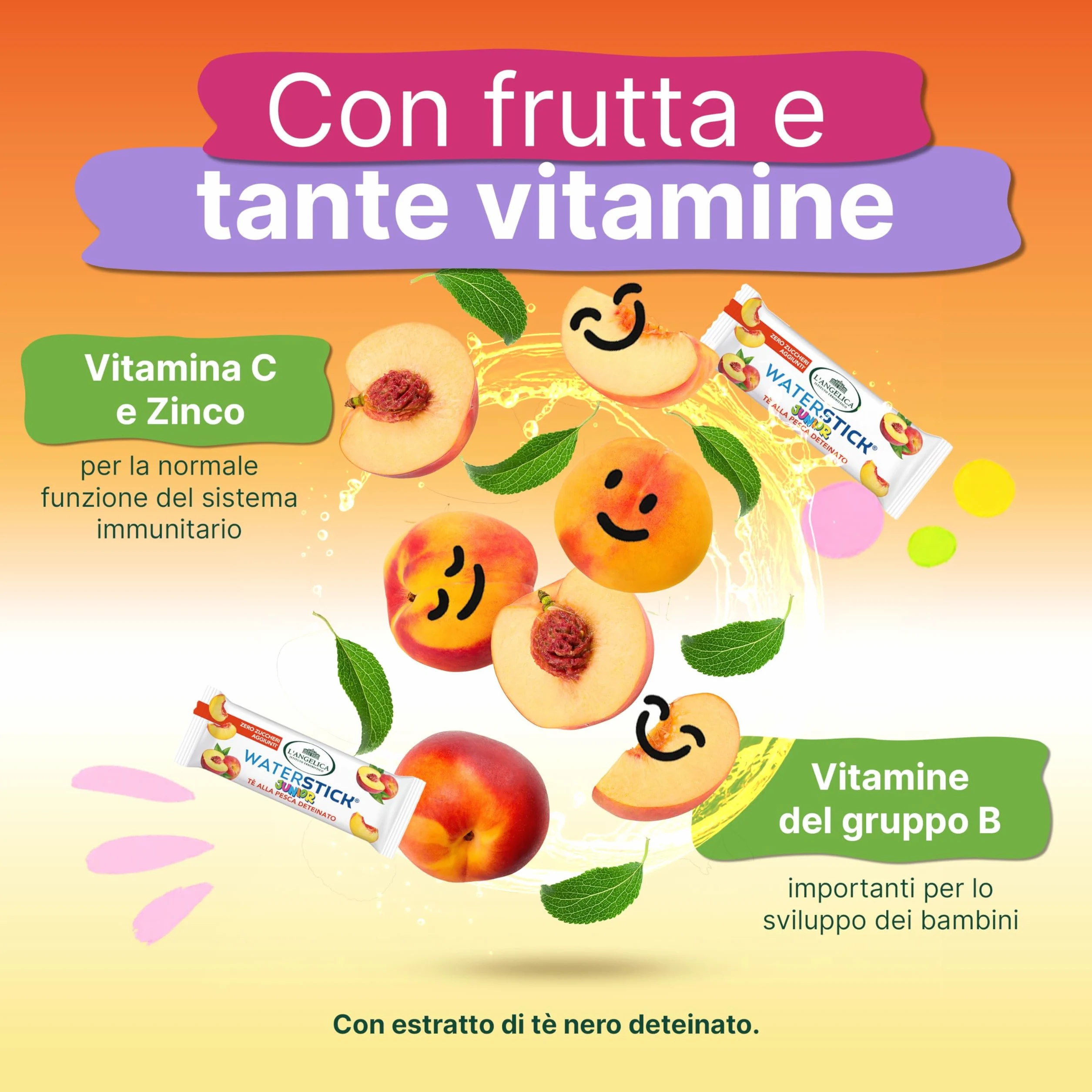 L'Angelica, Waterstick Junior, Gusto Tè alla Pesca Deteinato, Con Frutta, Vitamine, Zero Zuccheri Aggiunti, 6 Astucci da 12 Stick