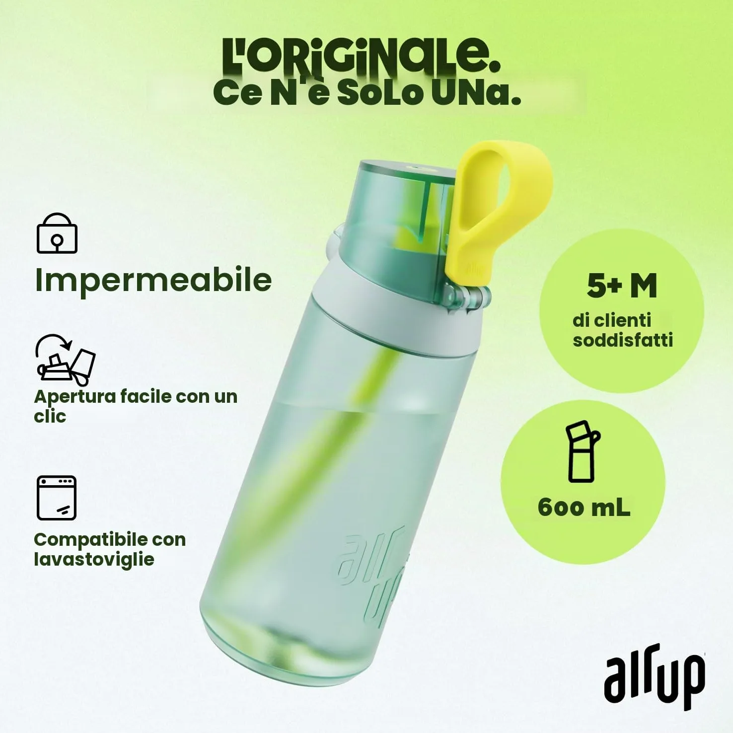 AIR UP Borraccia Click Turtle Green originale con cialde in 5 gusti, borraccia da 600 ml con aroma senza zucchero, lavabile in lavastoviglie, senza BPA