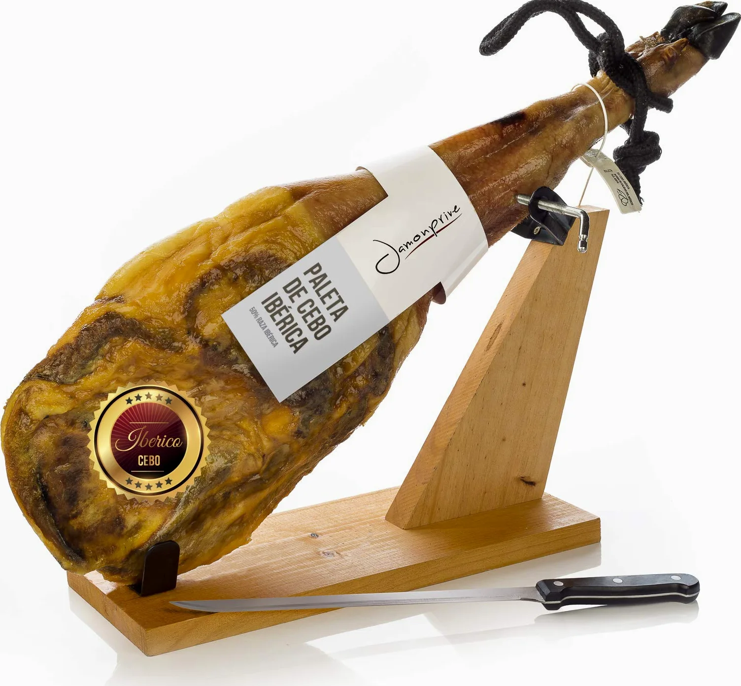 Prosciutto Spagnolo Pata Negra ibérico (Spalla) 4-4.5 Kg + Porta Prosciutto + Coltello - Jamon Iberico (Paleta Cebo)