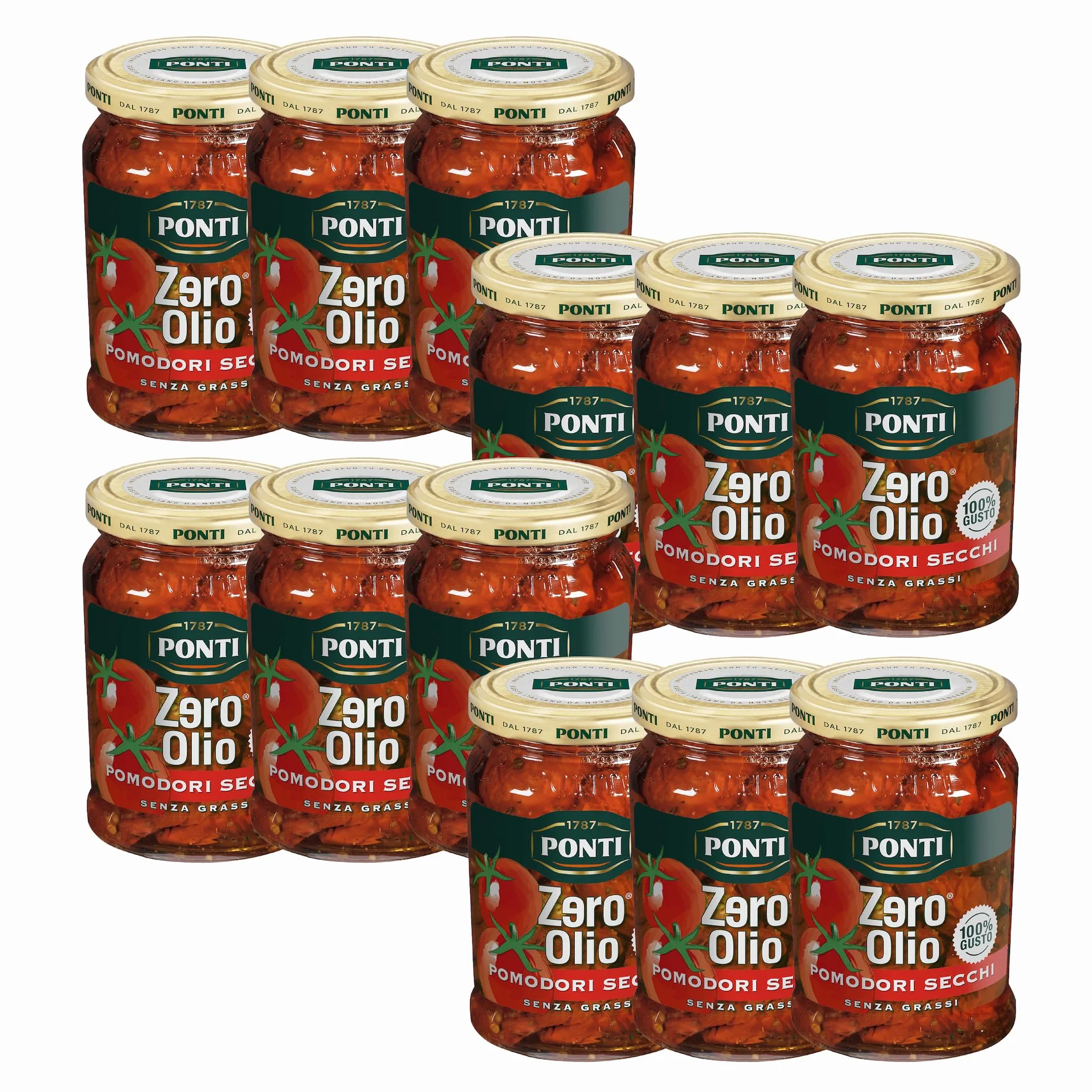 Ponti, Pomodori Secchi Zero Olio, Pomodorini Secchi Privi di Olio e Senza Grassi, Ideali come Aperitivo o Antipasto, Ottimi anche come Contorno, 100% Made in Italy, 12 Barattoli da 300 g