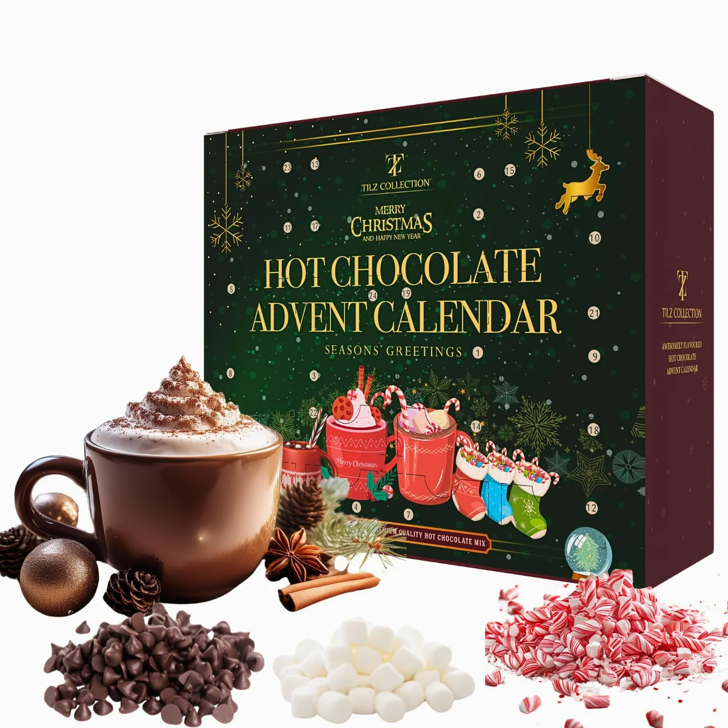 Calendario dell'Avvento 2023 | Set Regalo di Cioccolata Calda di 24 Giorni con Mini Marshmallow - Varietà di Natale