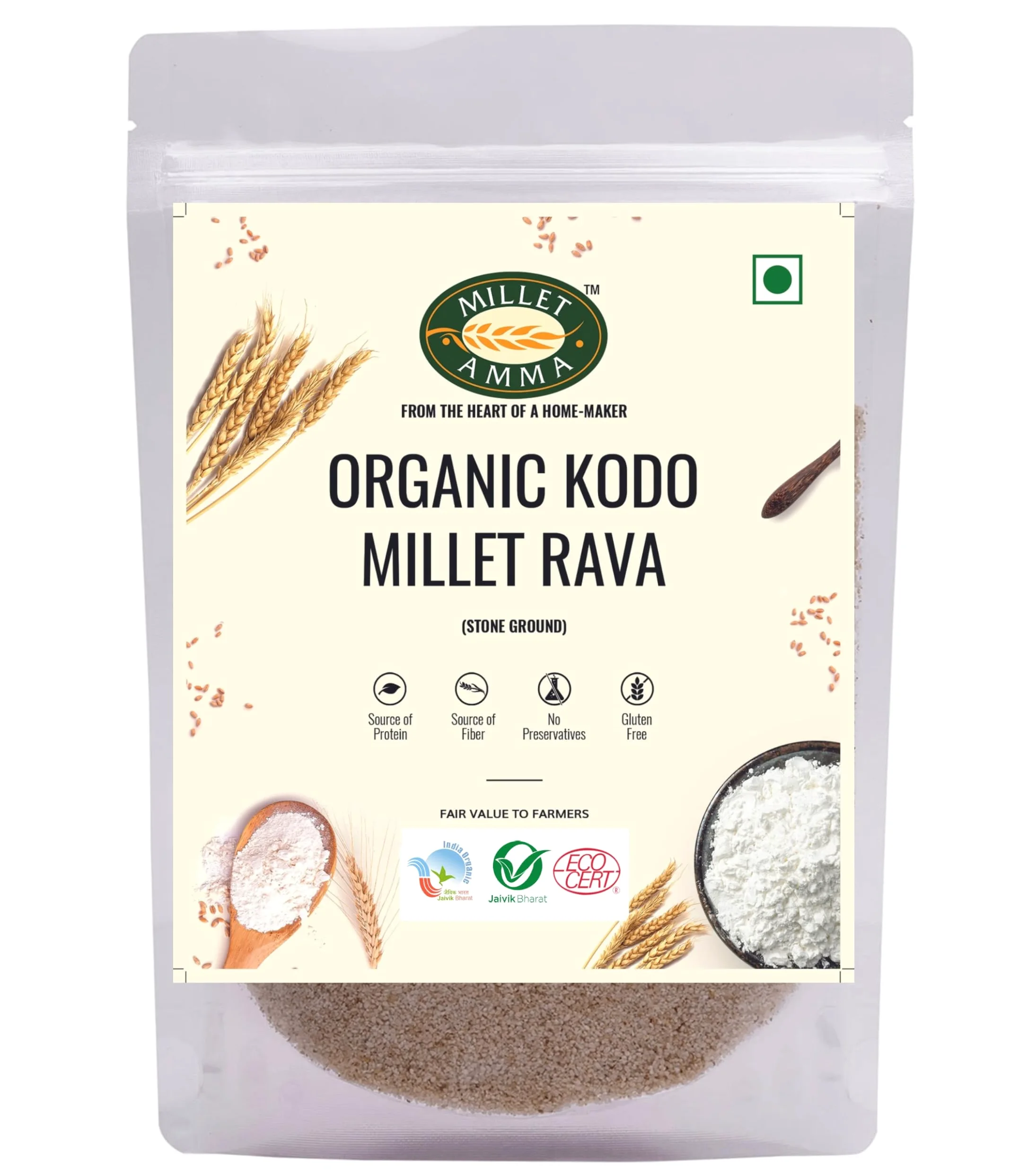MILLET AMMA Miglio Kodo Bio Rava - Confezione da 1 kg, (Arikelu, Hark, Varigu, Kodra, Varagu), Ricco di Fibre e Alto Contenuto Proteico, Adatto a Molteplici Ricette (Upma, Idly)