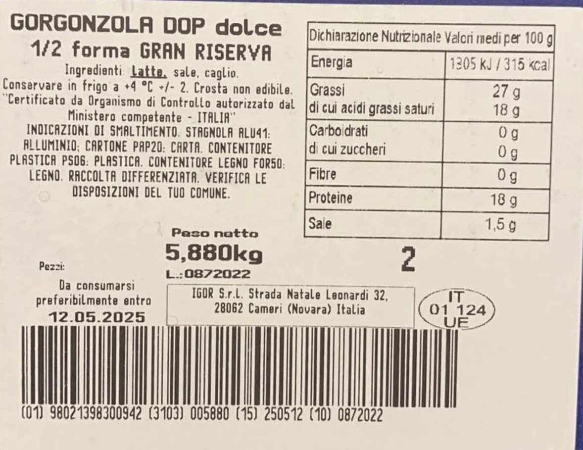 Gran Riserva Leonardi Gorgonzola DOP dolce da 5,800 circa.