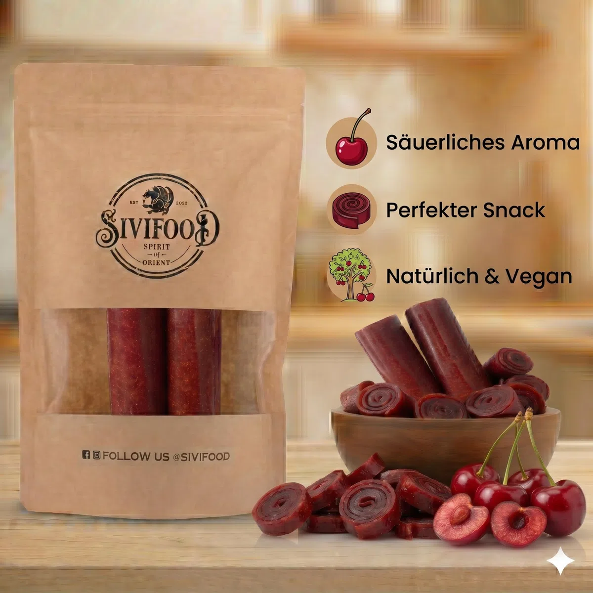 SIVIFOOD pelle di frutta lavashak al gusto di amarena 200g - sottilissimi rotoli di frutta pasta di frutta secca pressata rotoli di frullato barrette di frutta snack alla frutta snack lavashake anir
