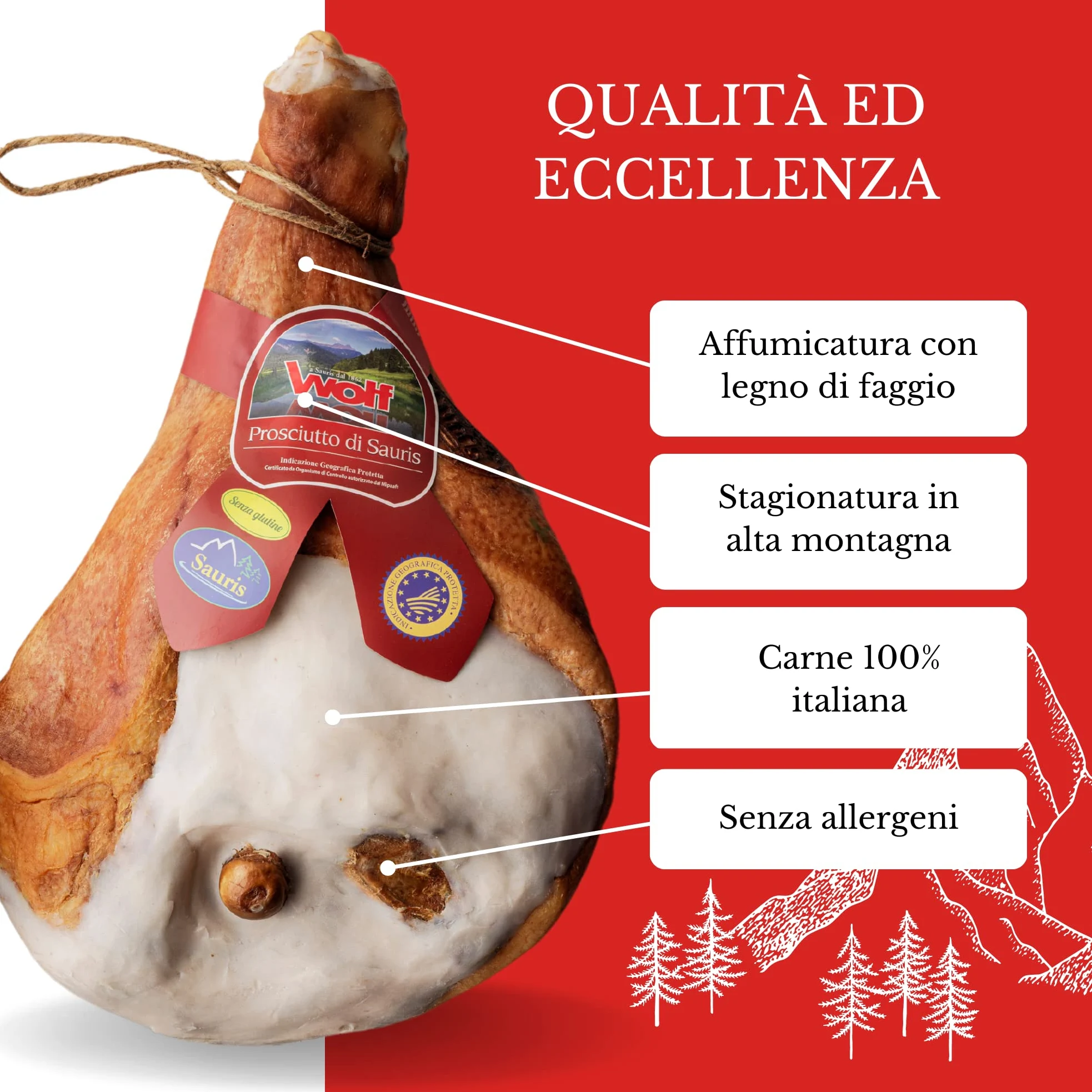 Wolf, Prosciutto di Sauris IGP, Trancio, Prodotto con Tradizionale Tecnica di Affumicatura, Carne 100% Italiana, Leggera Stagionatura, Senza Glutine, 1,5 kg (min. netto garantito)