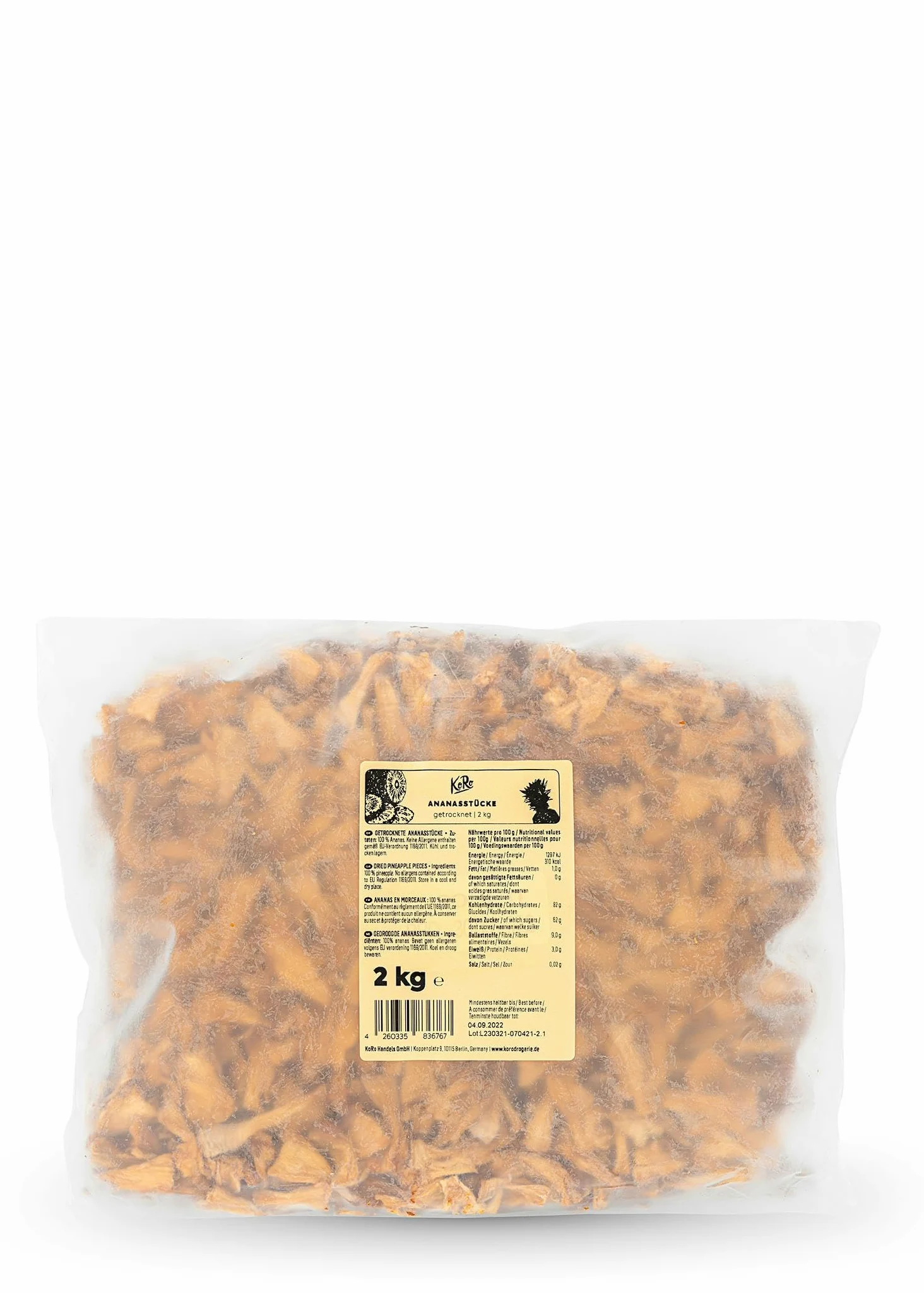 KoRo - Ananas essiccato a pezzetti 2 kg - Frutta disidratata senza additivi - Senza zuccheri aggiunti* e senza solfiti