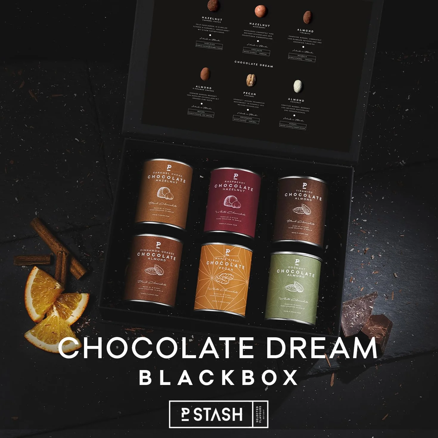 P-Stash Black Box Mix di Noci Chocolate Dream – Confezione da 6 – Pecan, Nocciole & Mandorle – Noci al cioccolato con spezie uniche, tostate a mano a Berlino