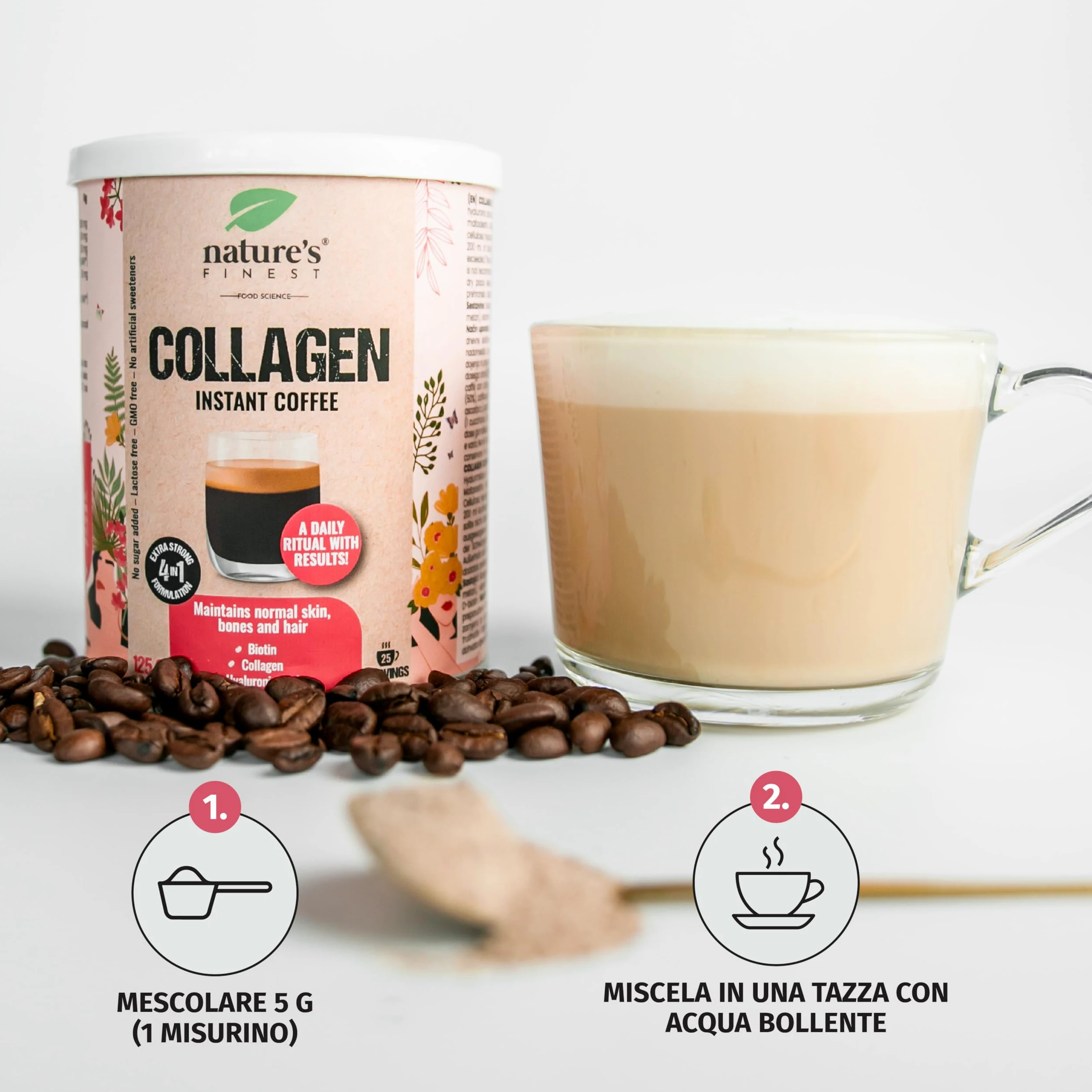 Nature's Finest Collagen Coffee 375 g (Confezione da 3) | Caffe Istantaneo in Polvere - Pronto in un Minuto - Pratica Lattina