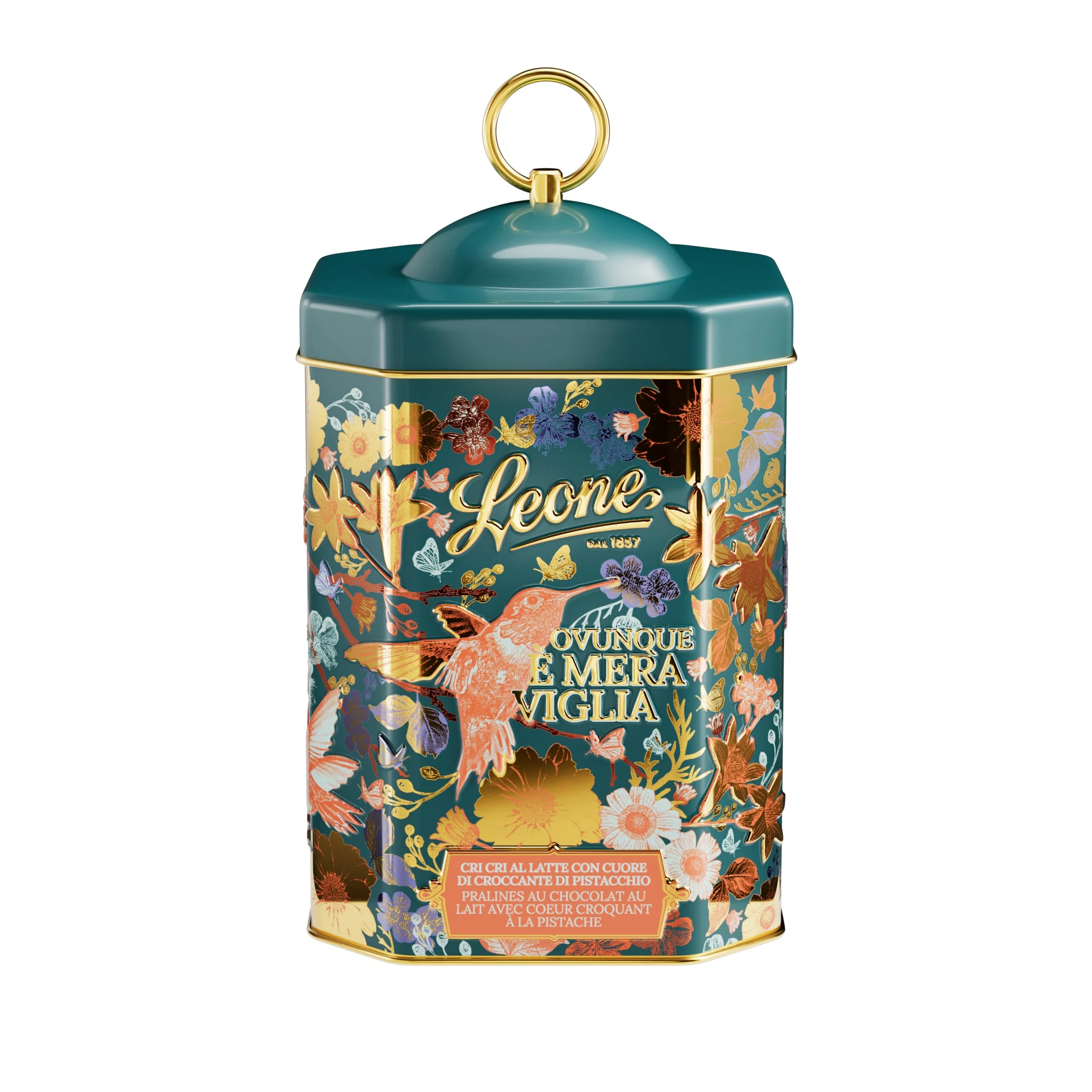 Leone dal 1857 - Latta Cri Cri Torinesi - Cioccolatini Leone al Gusto Pistacchio Misti latte e fondente - Praline di Cioccolato al Pistacchio Assortiti - Latta Lanterna Colibrì - Senza Glutine - 350g