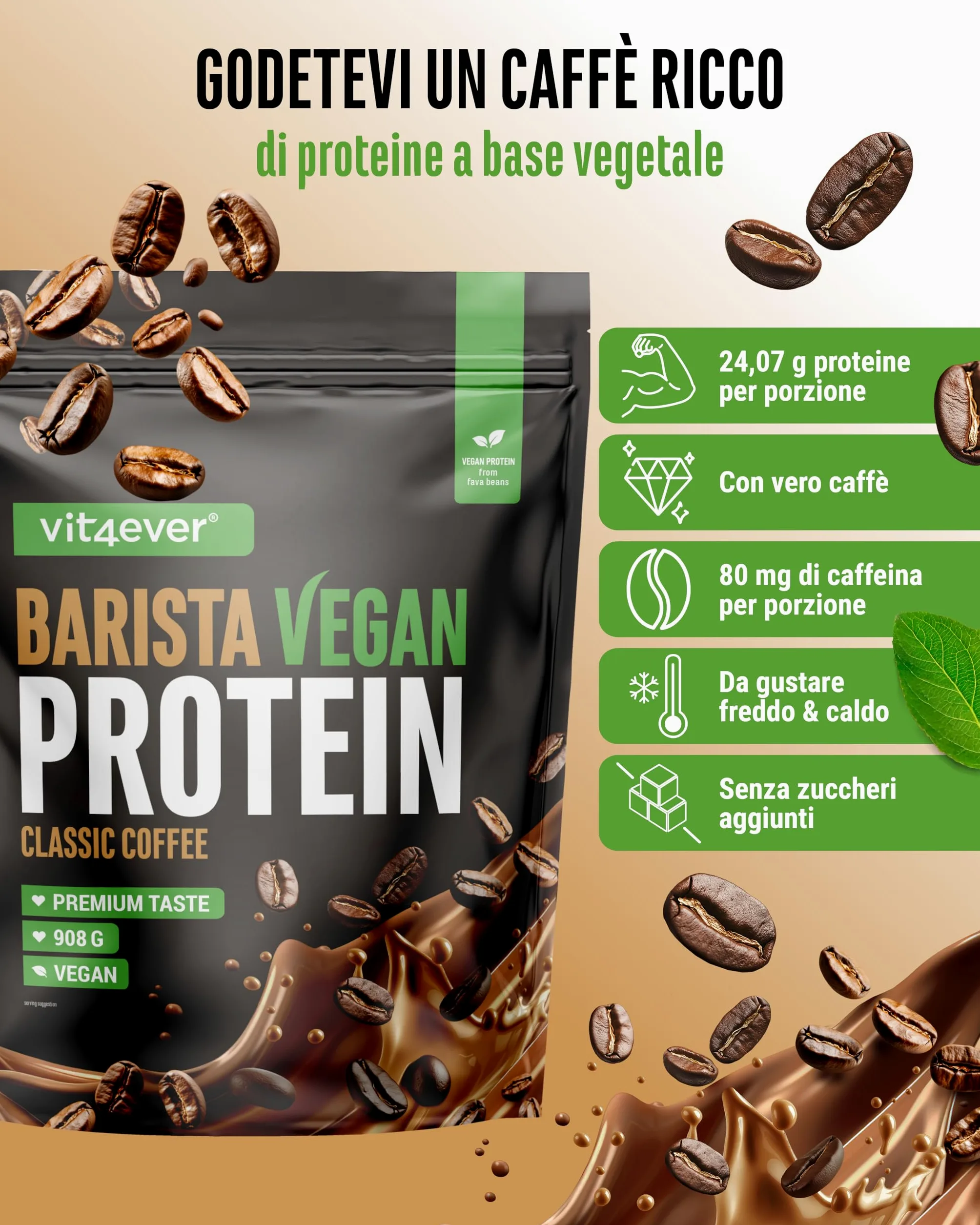 Barista Protein Coffee - Cremoso caffè proteico a base vegetale con fino a 24 g di proteine per porzione - con vero caffè, caffeina, pochi zuccheri e grassi, senza soia - (908 g, Classic vegan)