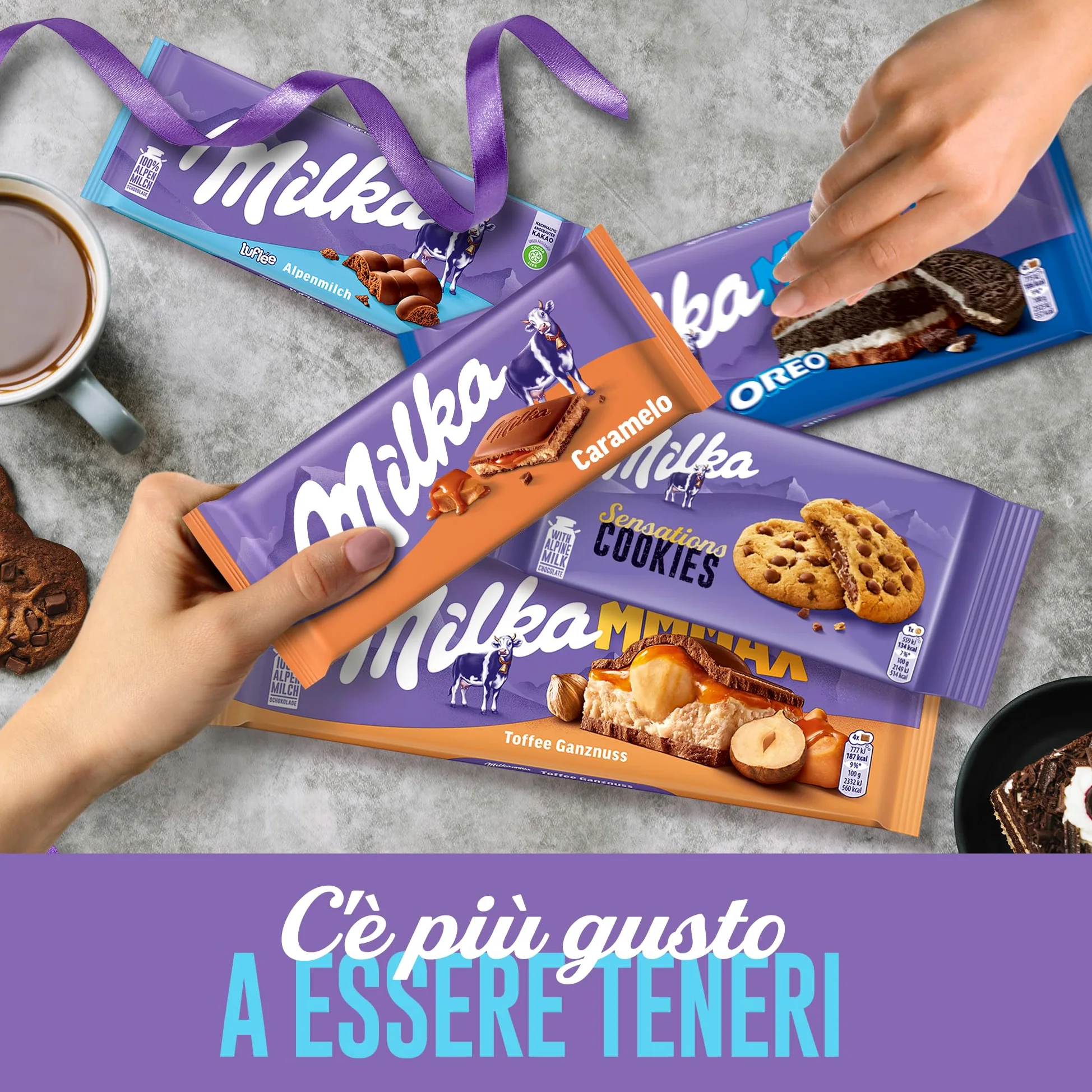 Milka Box (2 Cookie Sensations 156g, Tavoletta - 2 Oreo 300g, 1 Nocciole&Caramello 300g, 2 al latte con ripieno al caramello 100g, 1 Bubbly Latte Alpino 90g)