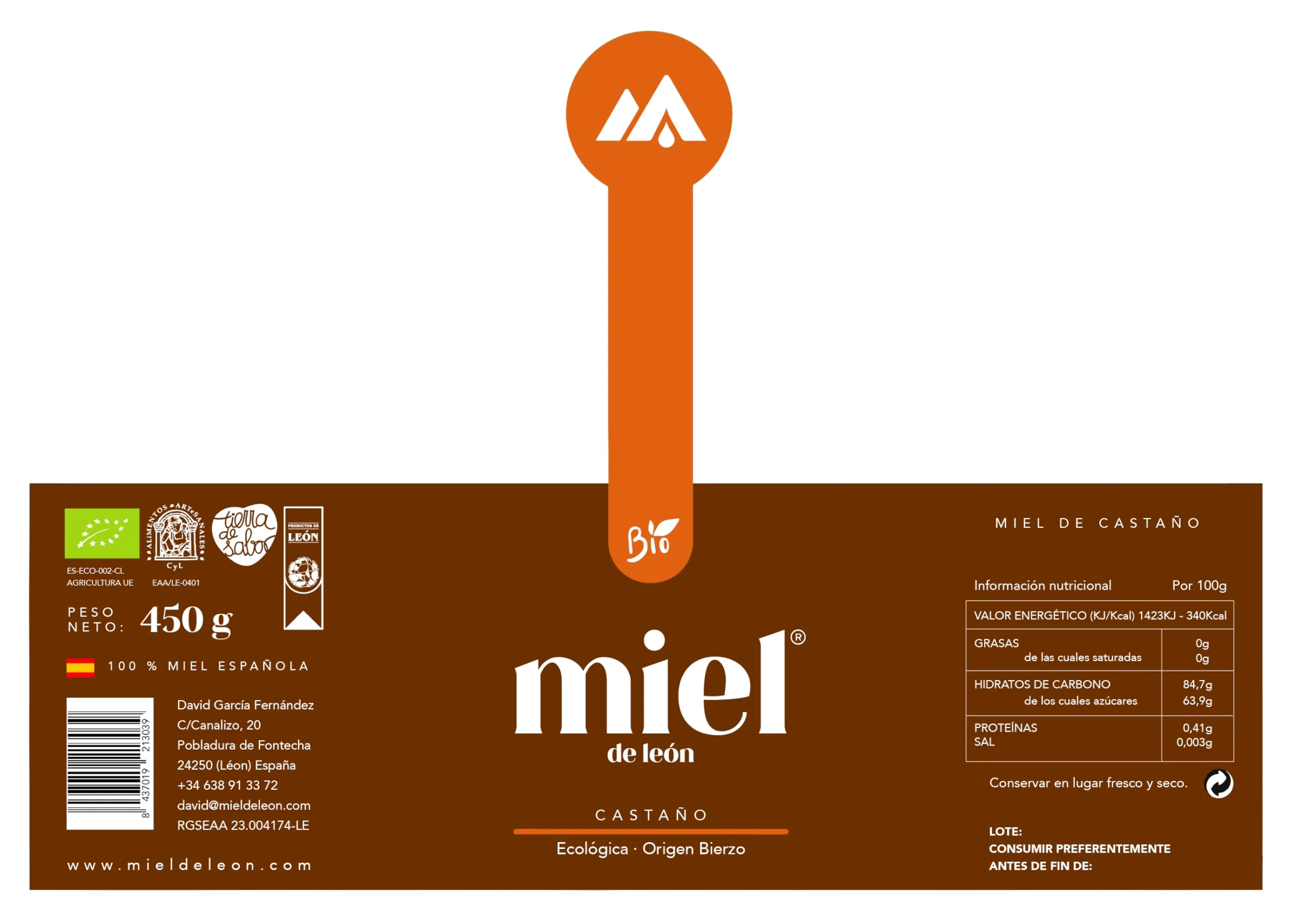 Miele puro d'api. Confezione 6 Mieli 450gr ciascuno. 1) Di fiori. 2) Di Erica e Quercia. 3) Di Castagno. Prodotto artigianale di propria raccolta. Origine: Spagna.