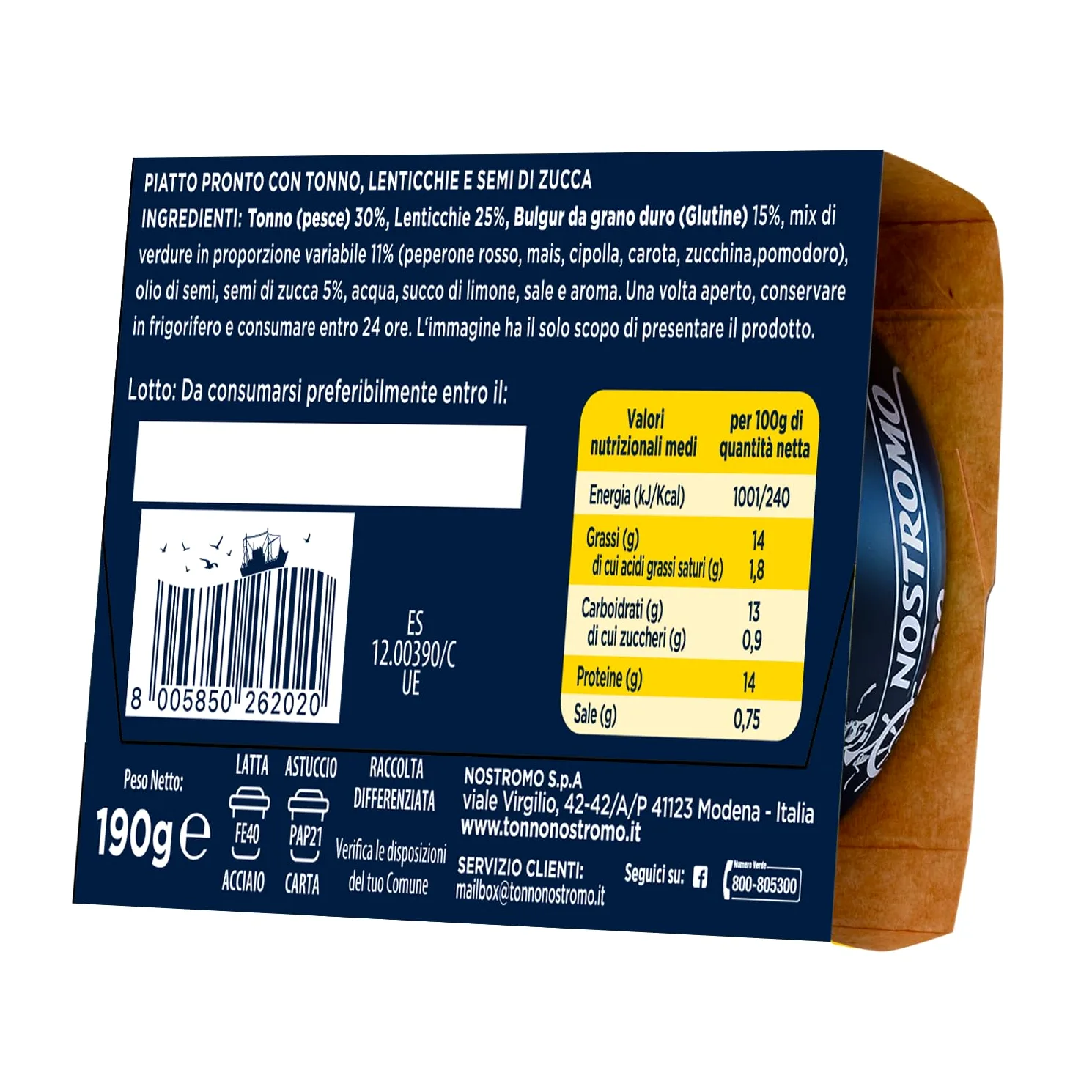 Nostromo - Mix&Go VITAL PRO+ Tonno con Lenticchie, Bulgur, Verdure e Semi di Zucca – Piatto Pronto Equilibrato, Ricco di Fibre e Proteine – 12 Confezioni da 190g