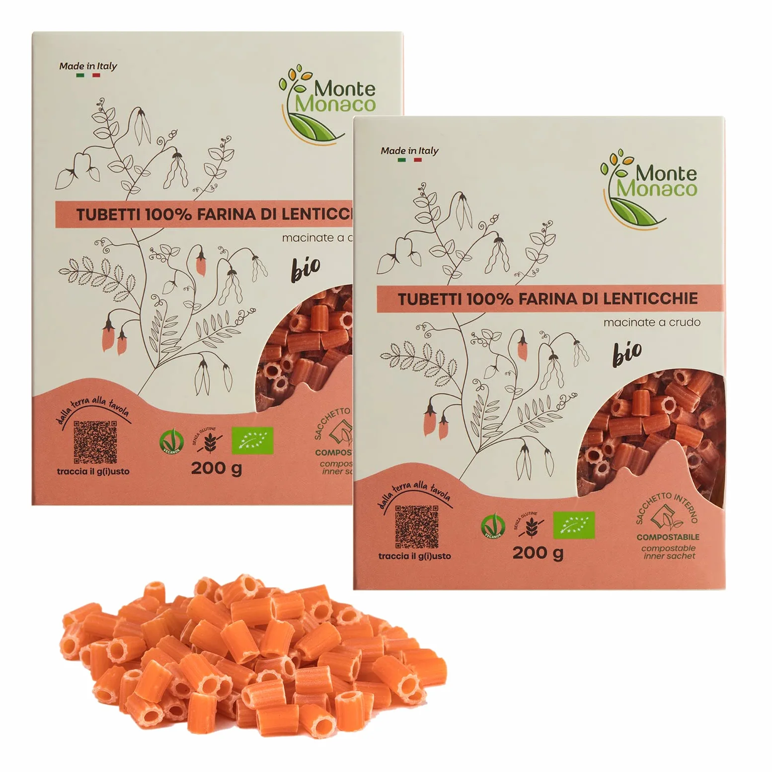 Monte Monaco - Bipacco Minestrine Pasta di legumi 100% Farina di Lenticchie BIO, pasta proteica e naturalmente senza glutine, 2 x 200 gr