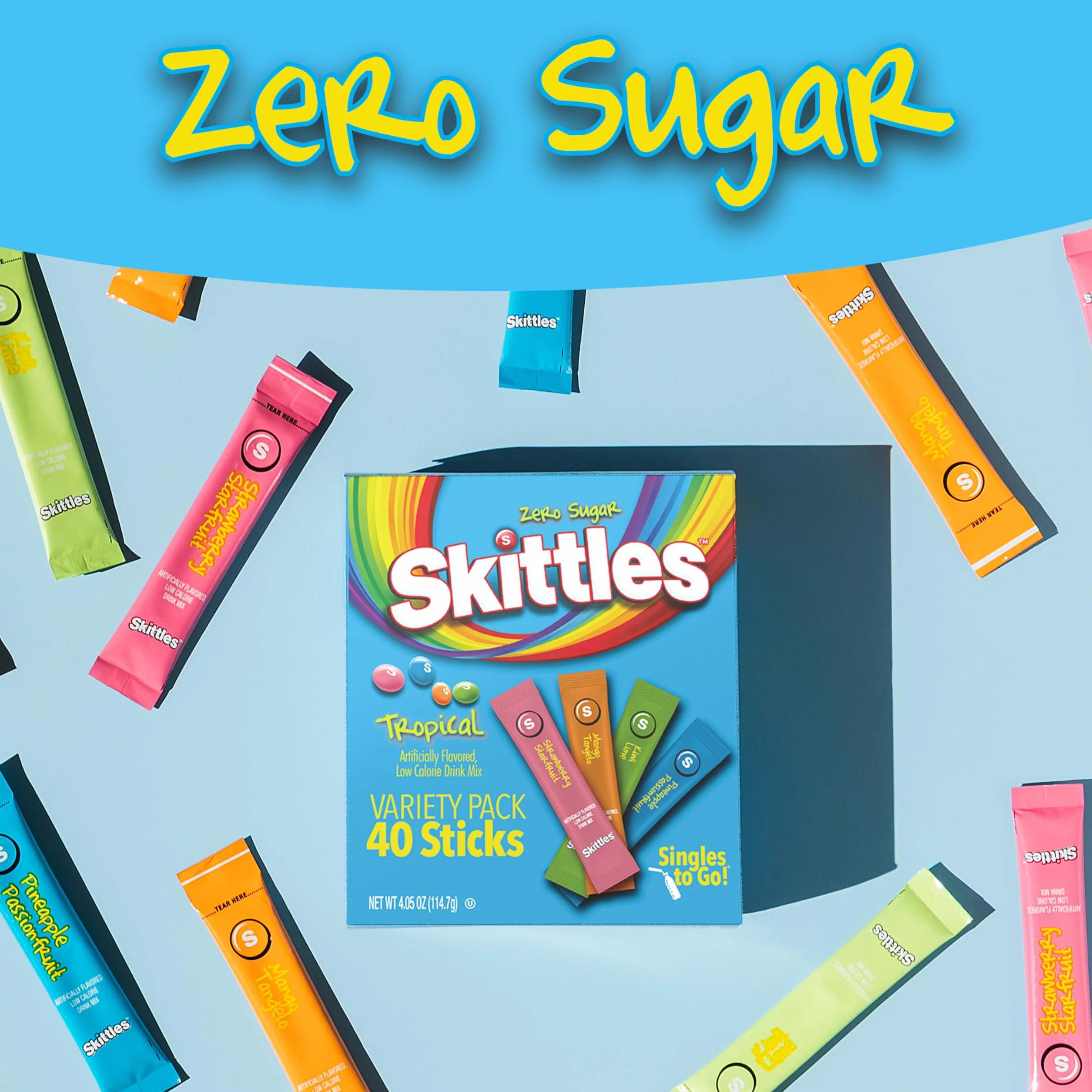 Skittles Singles To Go - Confezione assortita di sapori tropicali, 40 pezzi, mix di bevande in polvere, zero zucchero, basso contenuto calorico, include 4 gusti: