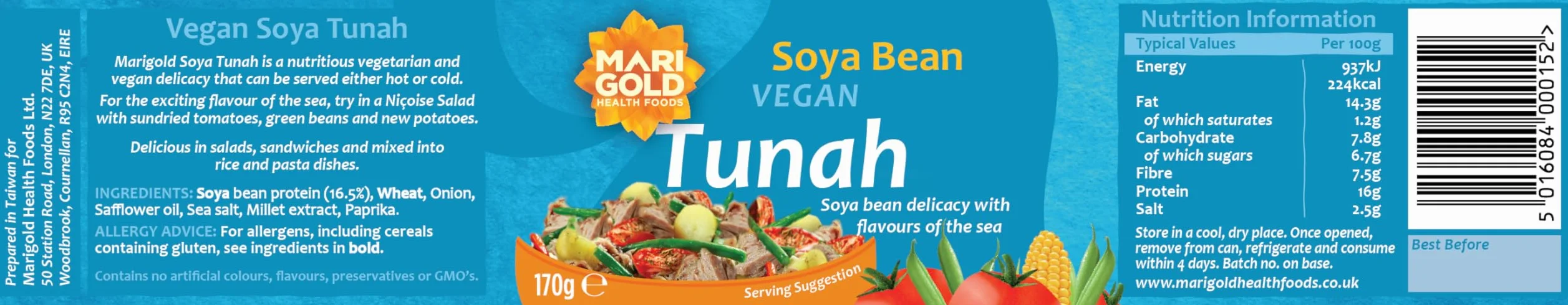 Tonno vegano alla calendula, alternativa al tonno di soia con aromi di mare, 170 g, confezione da 3