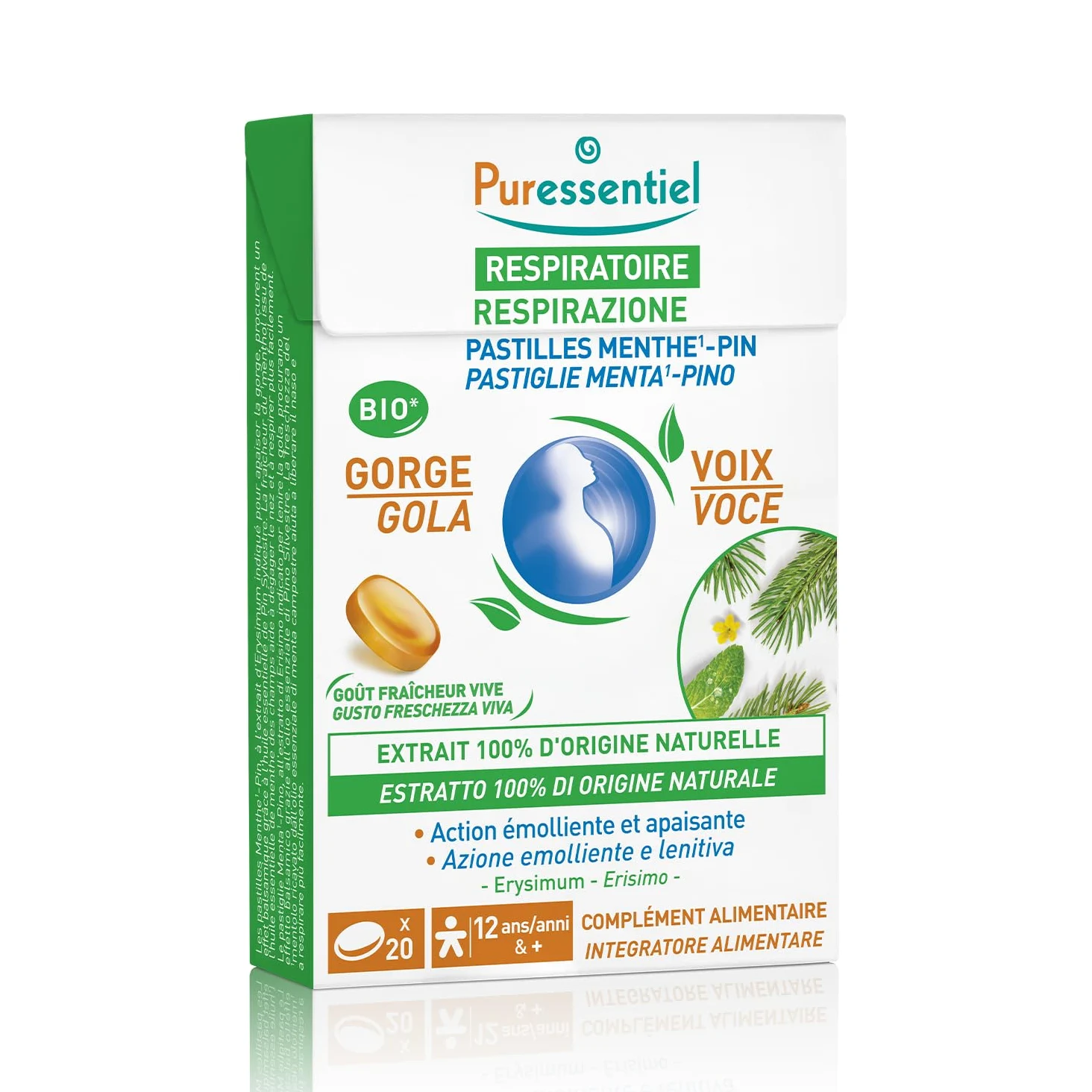 Puressentiel - Respirazione Pastiglie Gola Voce Menta Pino – All'Estratto di Erisimo – Procurano un effeto balsamico – Aiutano a liberare il naso – Dai 12 anni – 20 Pastiglie