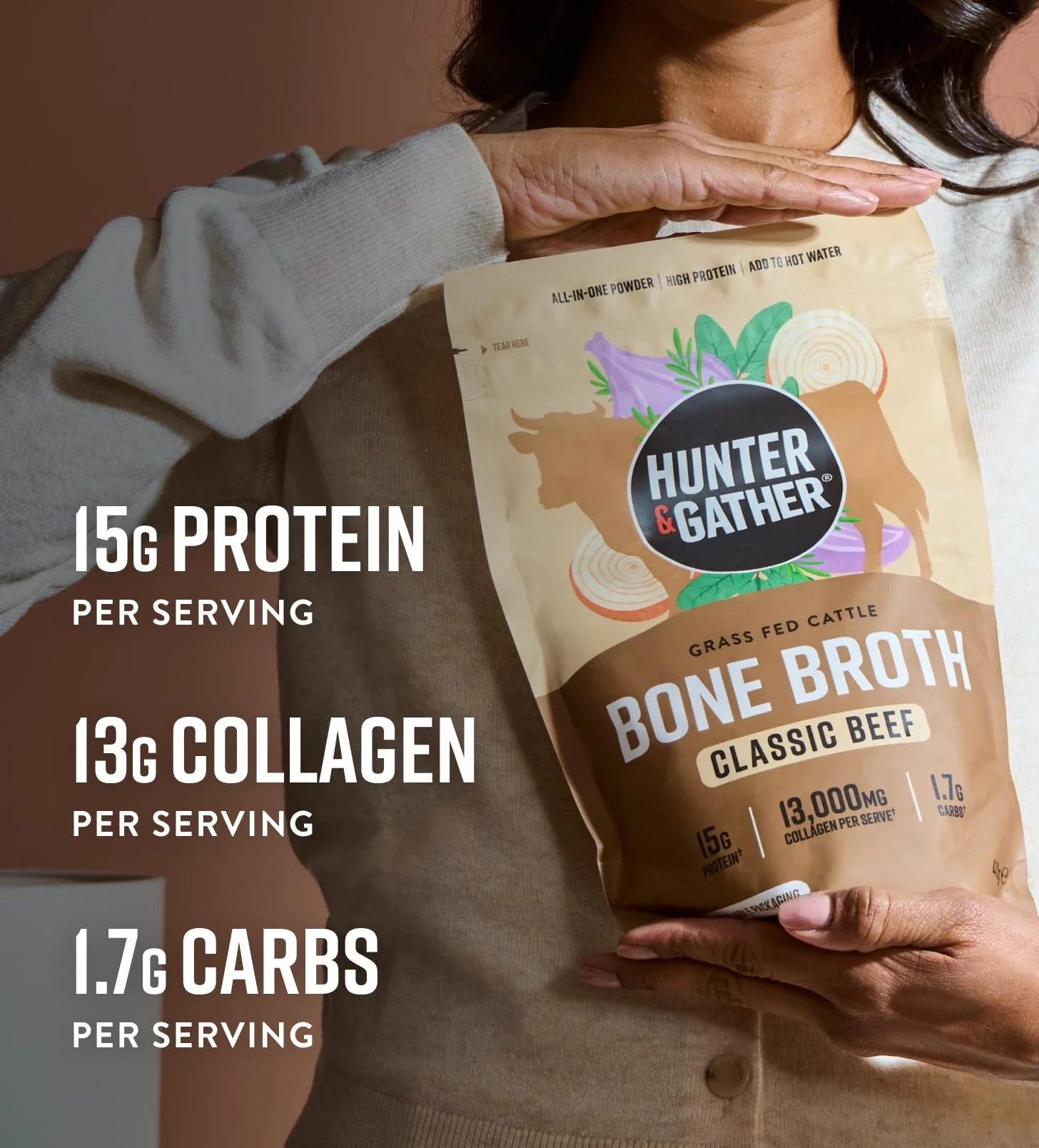 Hunter & Gather Brodo di Ossa di Manzo in Polvere 400g | 15g di Proteine & Collagene da Bovini Europei Nutriti a Erba | Istantaneo, Senza Glutine | Non Serve Refrigerazione | 74 kcal/porzione