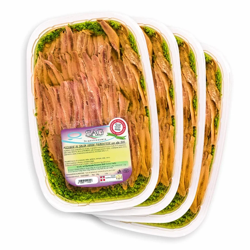 Filetti di acciughe in Salsa verde con olio extravergine d'oliva "EVO", (Confezione 4 pz. da Kg) - SAG