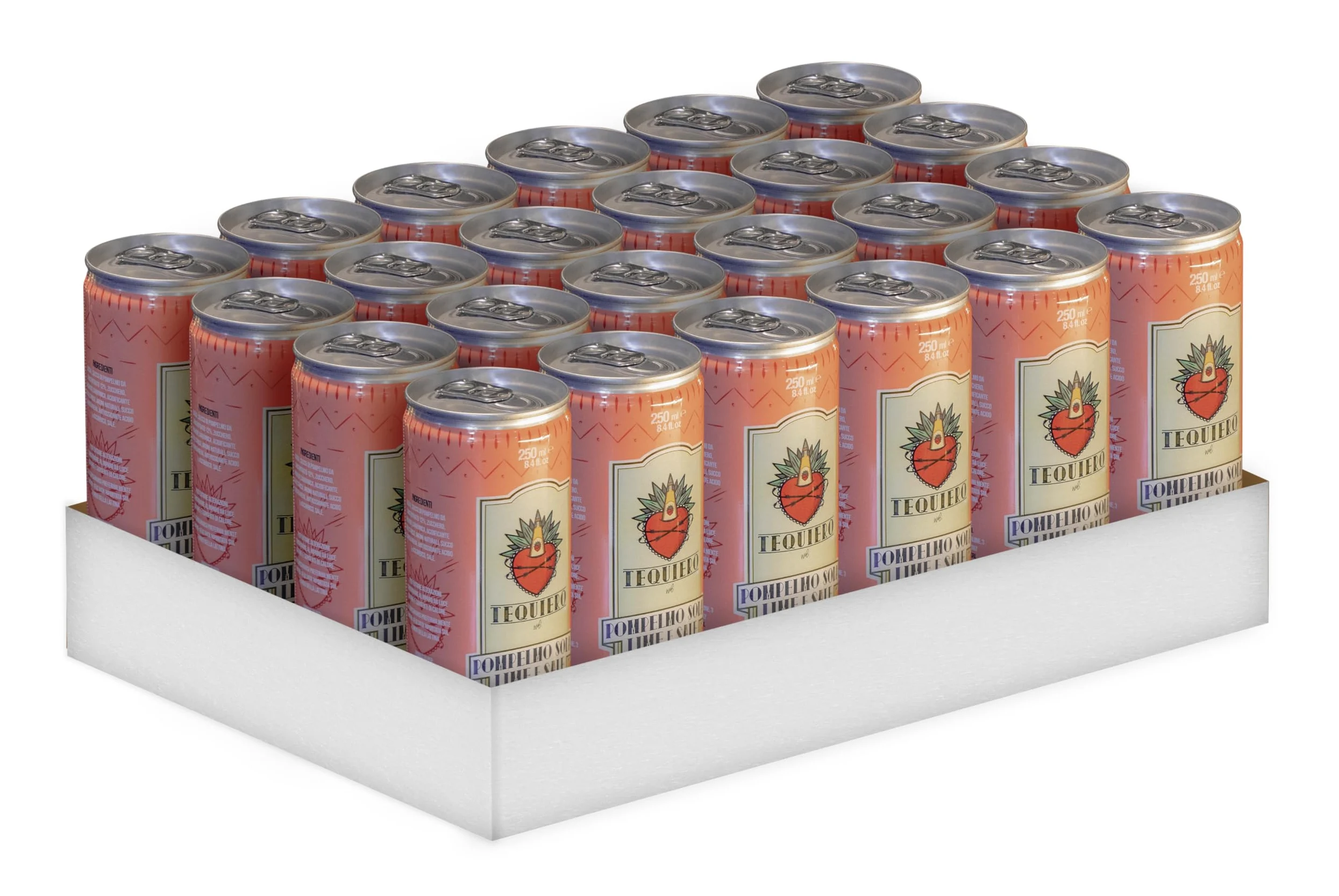 Tequiero Soda Pompelmo, Lime e Sale. Tequiero Paloma Premix. Bevanda agrumata con pompelmo rosa. Analcolico. Note fresche e floreali. Lattina da 250ml - Pack da 24 lattine.