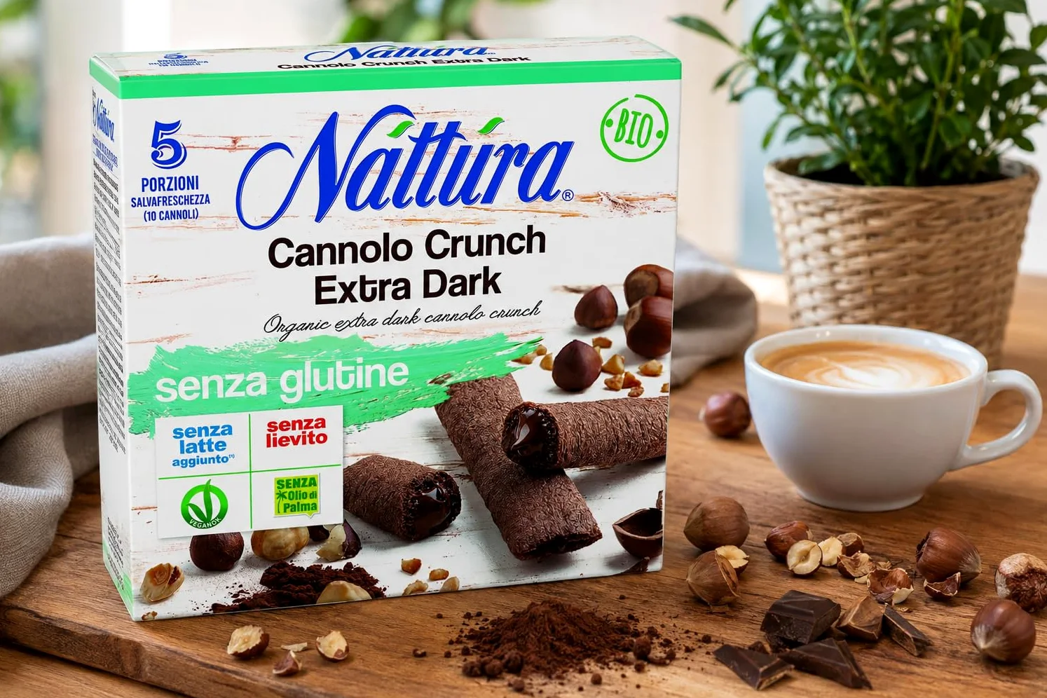 Cannoli Crunch Extra Dark Senza Glutine Bio, 9 Confezioni da 10 Cannoli, 5 Porzioni Salvafreschezza, Snack al Cioccolato, Senza Latte Aggiunto, Lievito e Olio di Palma