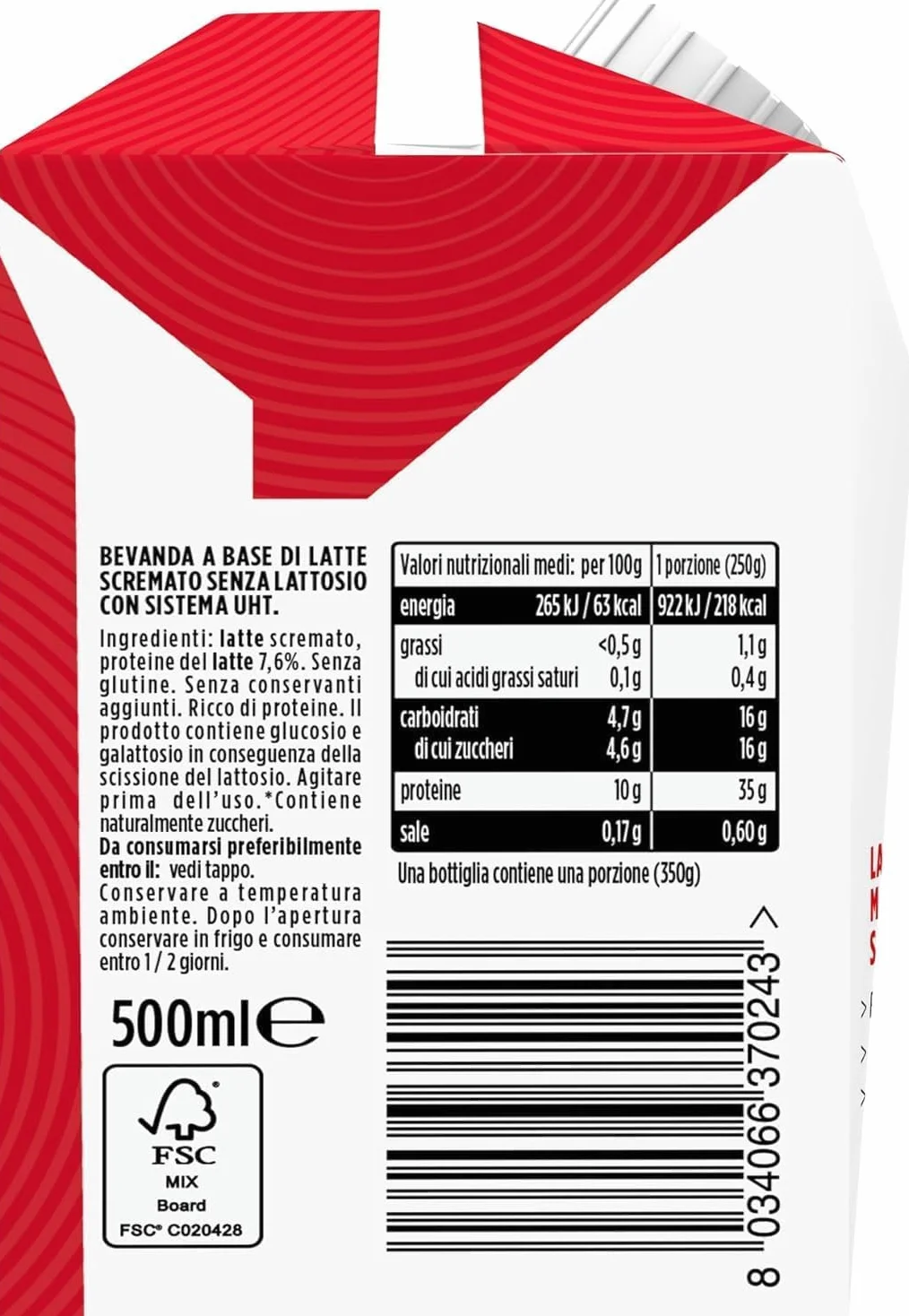12 Milk Pro Protein Drink 40g di Proteine 12 Pezzi da 500ml Latte di Montagna, Senza Grassi, Senza Lattosio