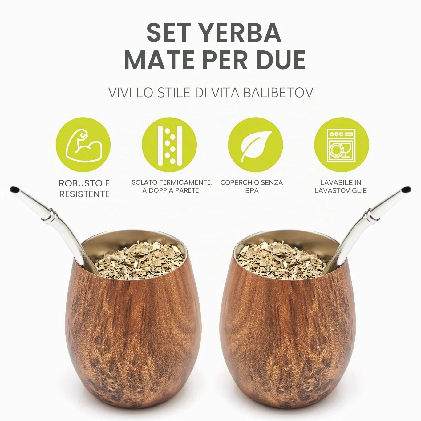 BALIBETOV Mate Argentino - Doppio Set Yerba Mate in Acciaio Inossidabile (5 pcs. Set) - Compreso 2 Tazza Mate, 2 Bombilla per Mate (Yerba Mate cannuccia) e Spazzola per la Pulizia (Legna)