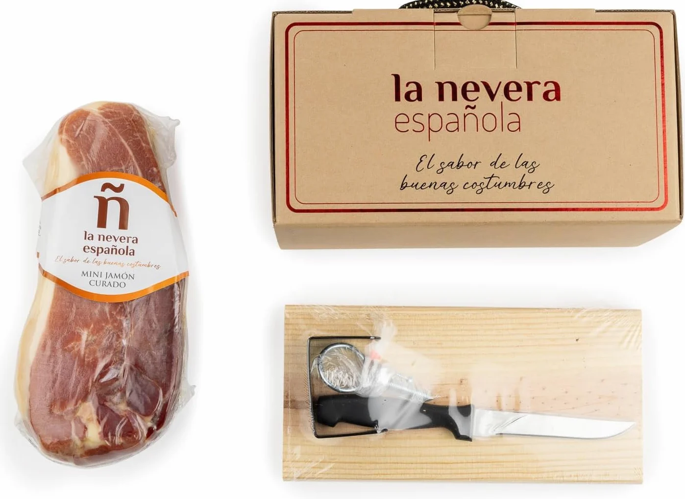 Mini Prosciutto Serrano, Mini Porta Prosciutto e Coltello - Pezzo da 1,1 kg - Confezionato sottovuoto - Senza osso - Periodo minimo di stagionatura 12 mesi - Confezione Gourmet